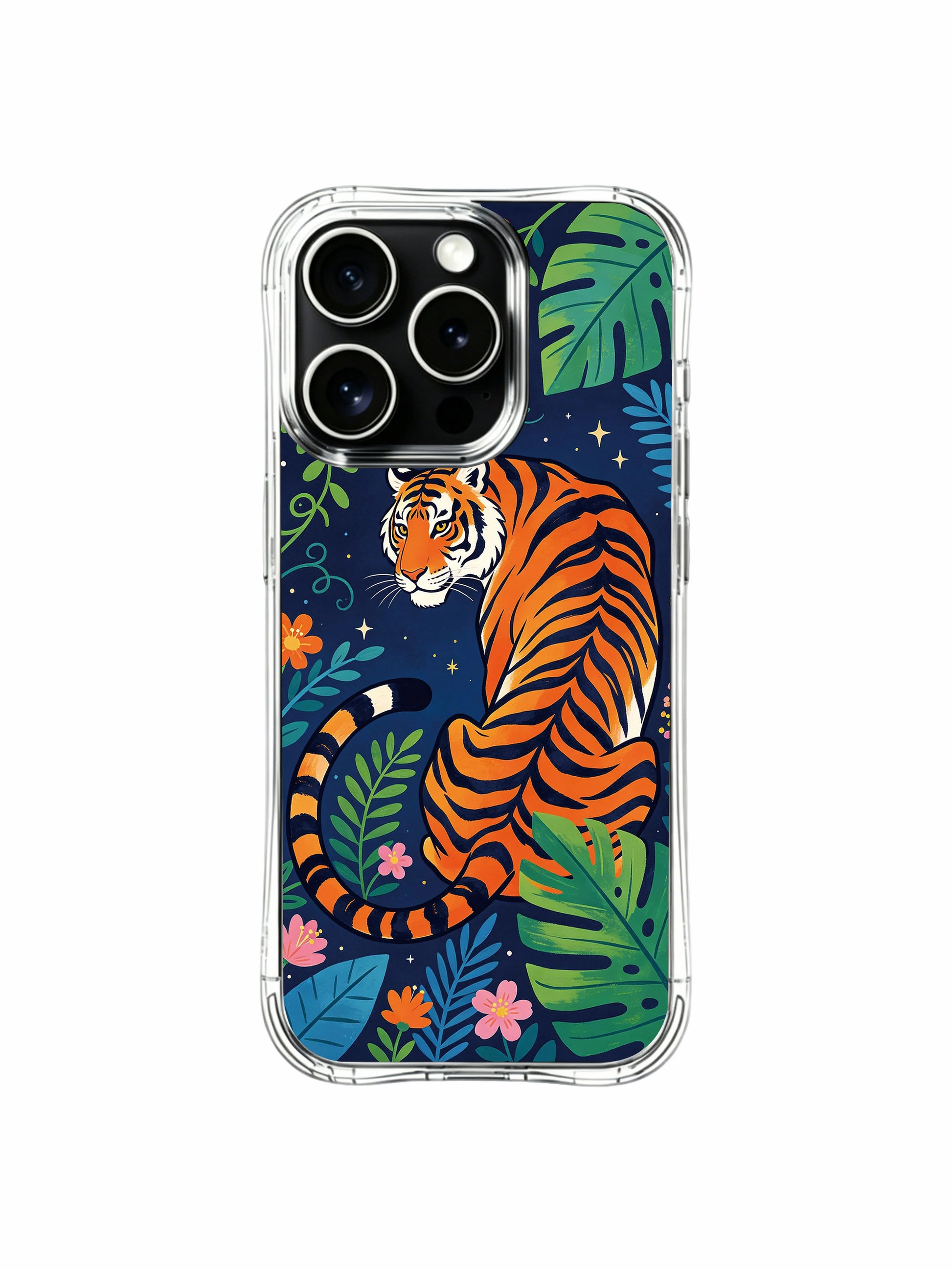 Flame-like black stripes orange fur wild tiger hidden in starry foliage iPhone 13 pro Case from PhoneCasing, wear-resistant glossy iPhone 13 pro casing, adventurous freedom-themed wildlife art phone cover.