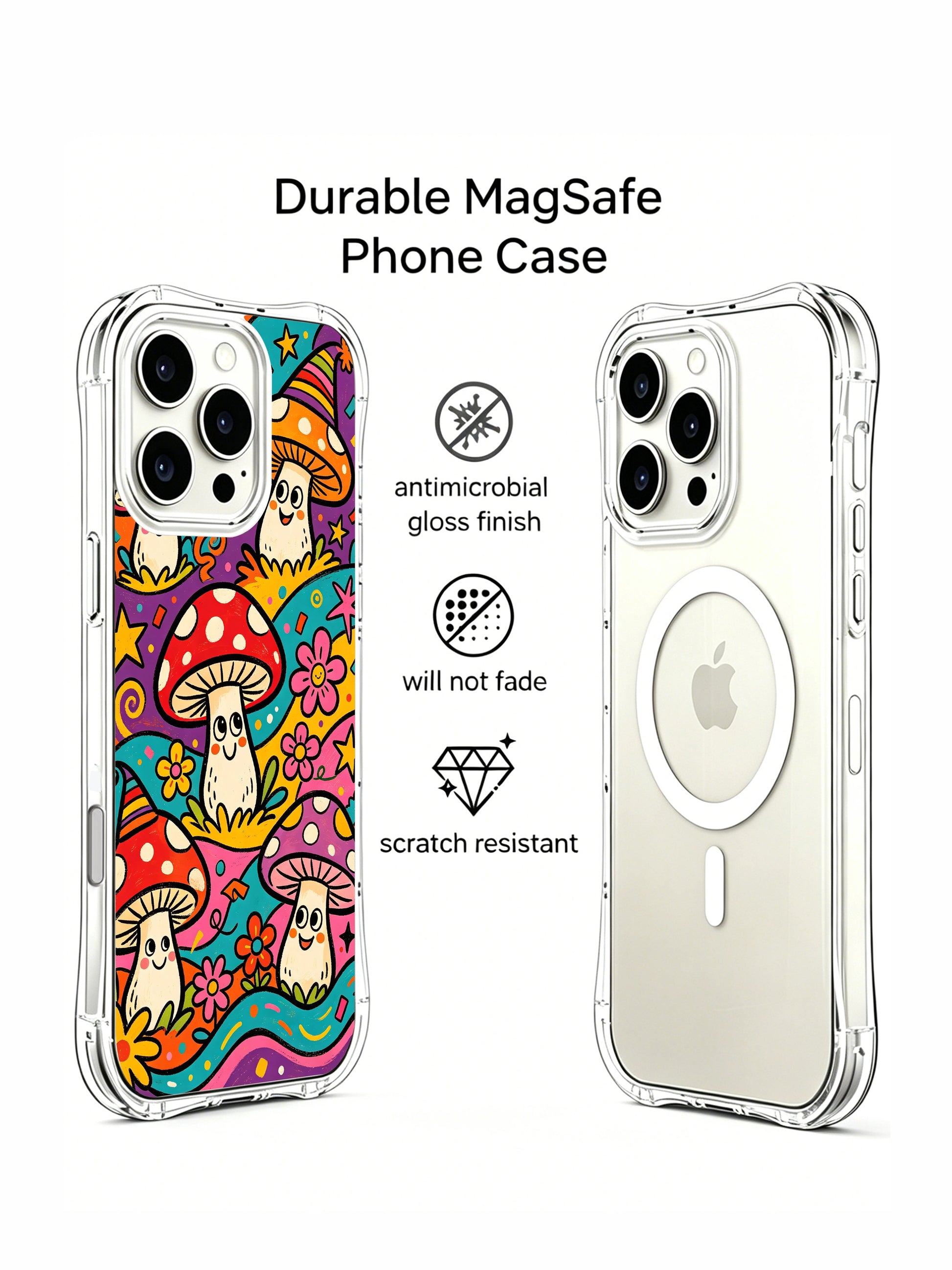 PhoneCasing iPhone 16 pro max Case, scratch-resistant fade-proof art casing with striped carnival hat mushrooms at upper frame, curly swirl confetti decor fills negative space, limited-edition wearable art exclusively from PhoneCasing California workshop.