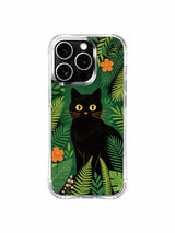 Subtle bloom border PhoneCasing iPhone 13 pro Case, flexible clear phone casing where calm black wildcat rests behind fine tropical flowers and winding leaf vines, sleek everyday iPhone cover.