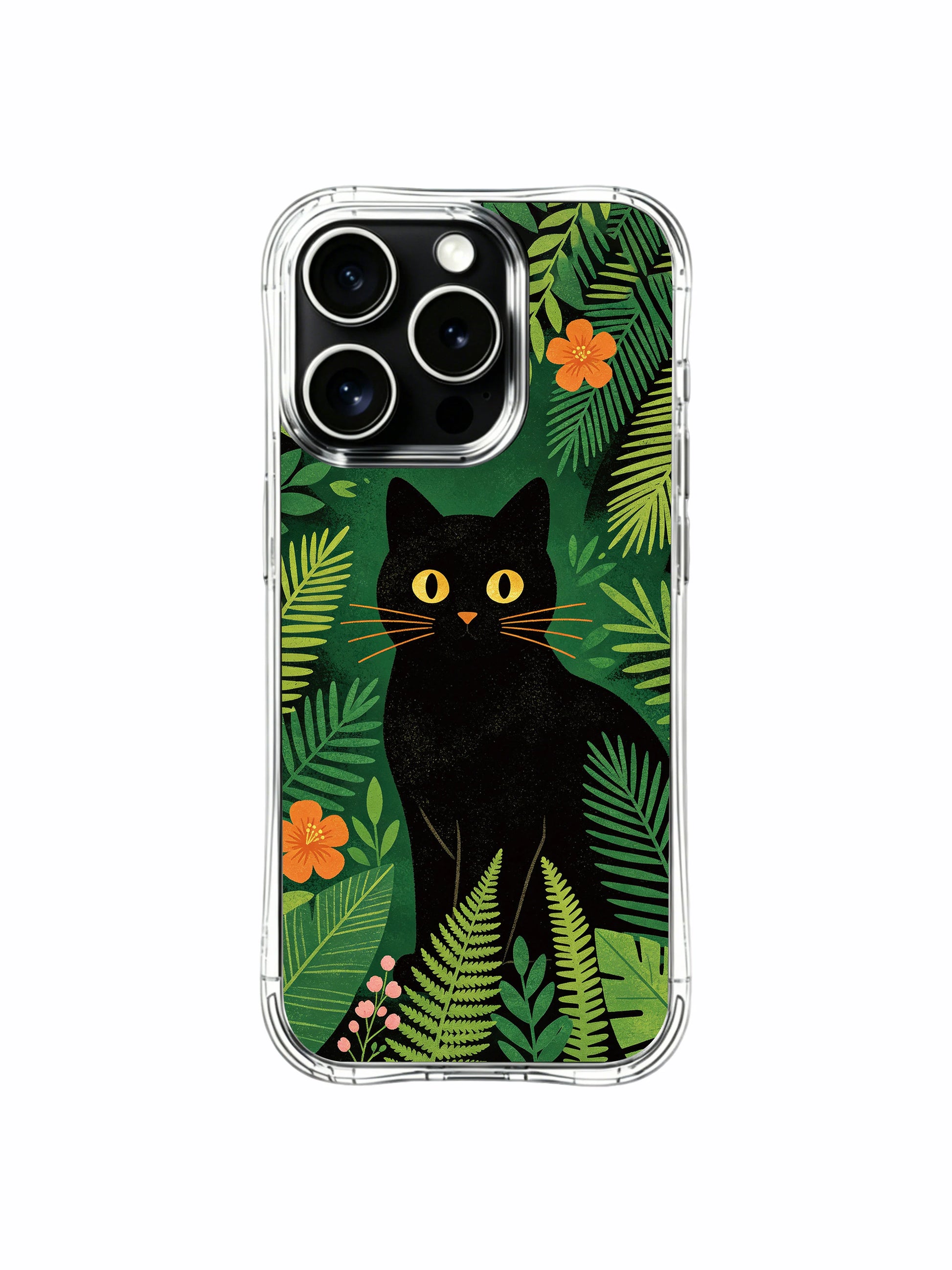 Subtle bloom border PhoneCasing iPhone 13 pro Case, flexible clear phone casing where calm black wildcat rests behind fine tropical flowers and winding leaf vines, sleek everyday iPhone cover.