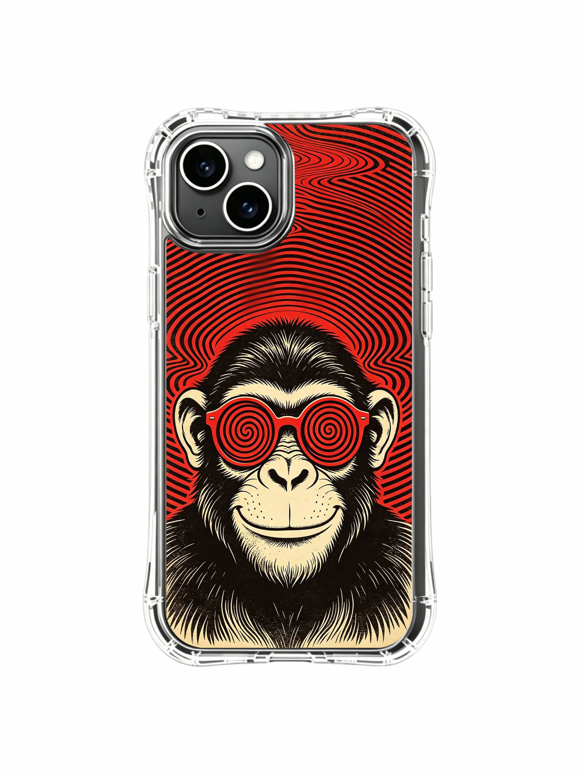 Subtle flowing distorted red warp detail pairs with mischievous red glass chimp original artwork by Rufus Vale for PhoneCasing iPhone 13 Case, durable gallery-grade phone cover made in California.