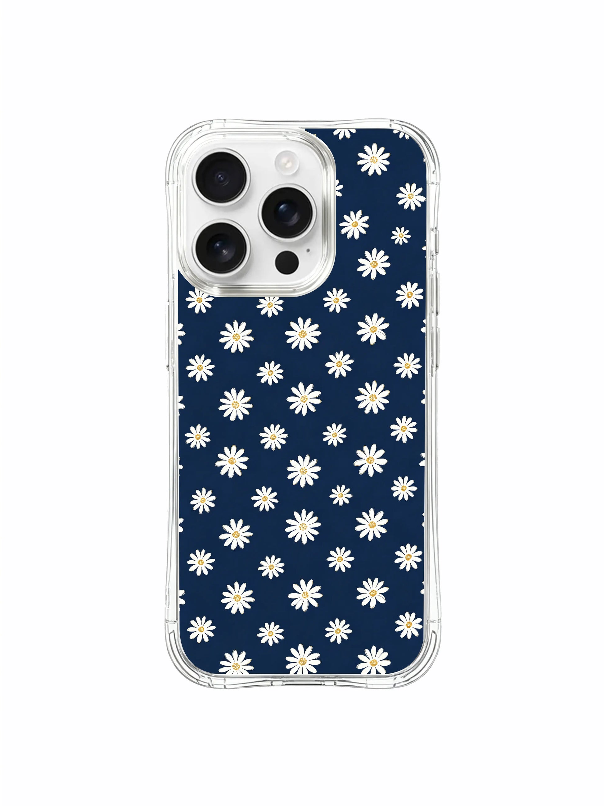 PhoneCasing iPhone 16 Pro Max Case with Subtle Indigo Daisies print, a delicate pattern of scattered blooms that brings quiet, understated beauty.