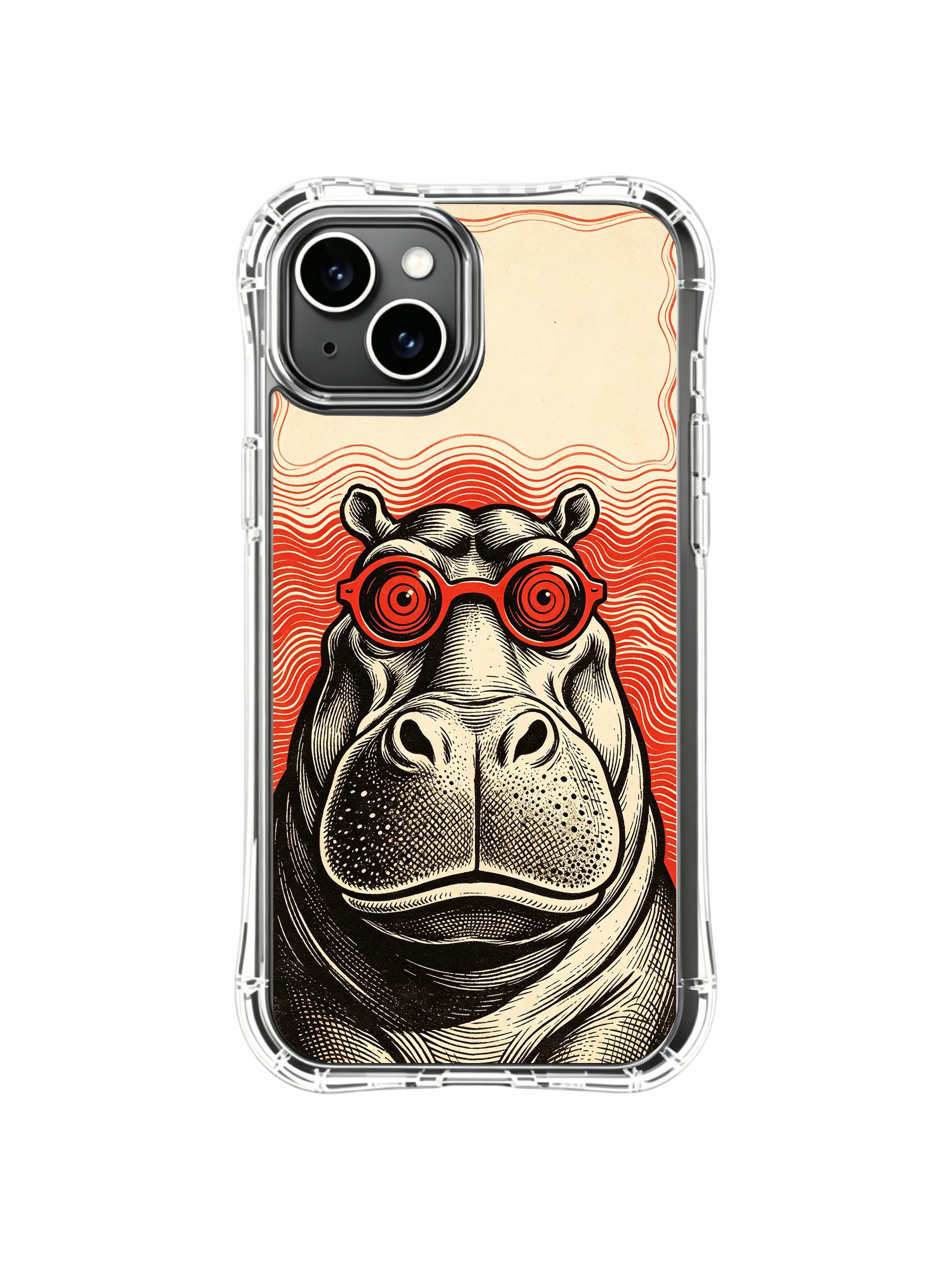 Layered curling red wave detail pairs with stoic red spiral glass hippo original artwork by Rufus Vale for PhoneCasing iPhone 13 Case, durable gallery-grade phone cover made in California.