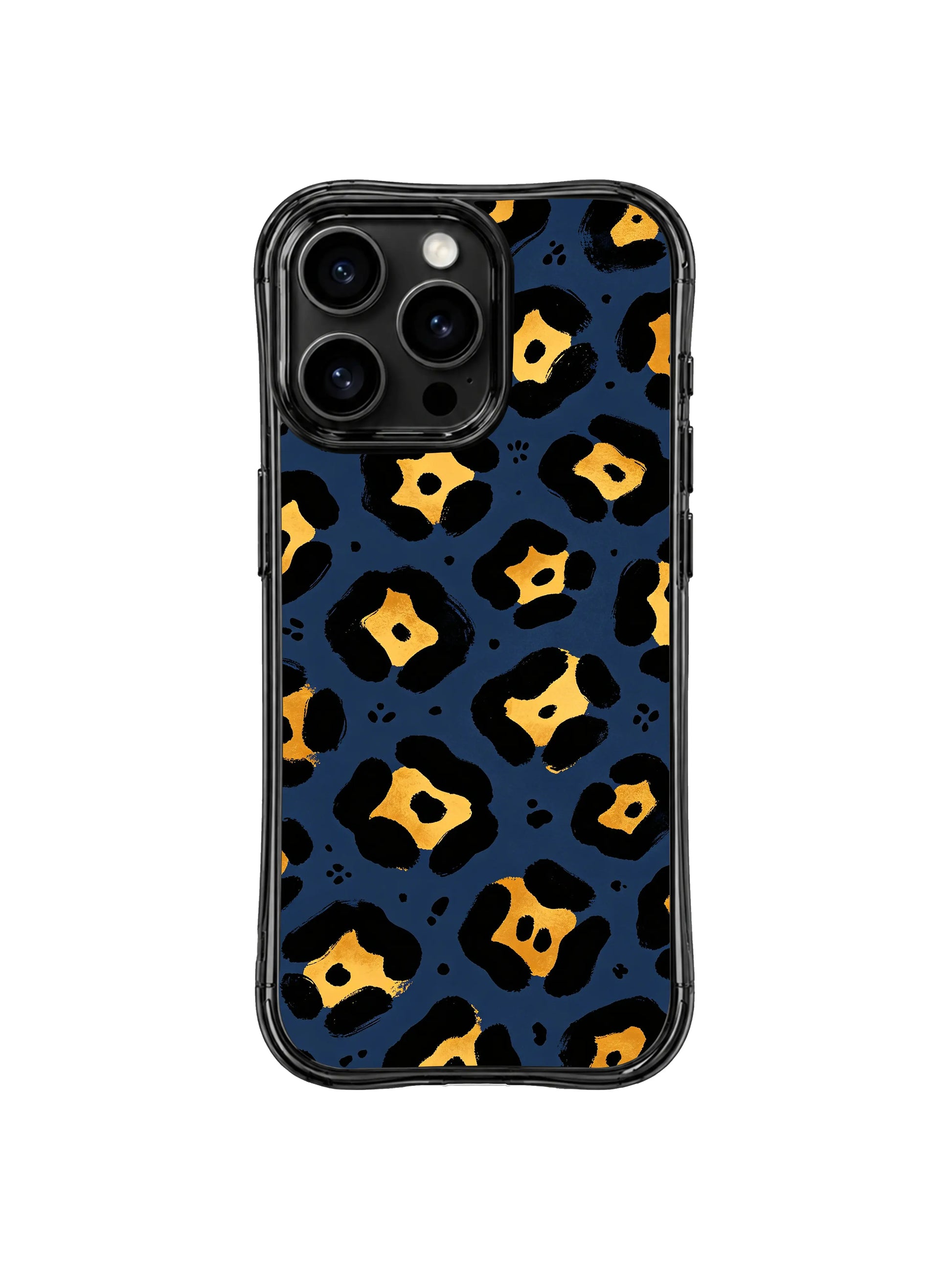 Subtle luxury wild motif iPhone 14 Pro Case by PhoneCasing, muted dark navy neutral base with textured hand painted black leopard outlines and warm metallic golden inner spots