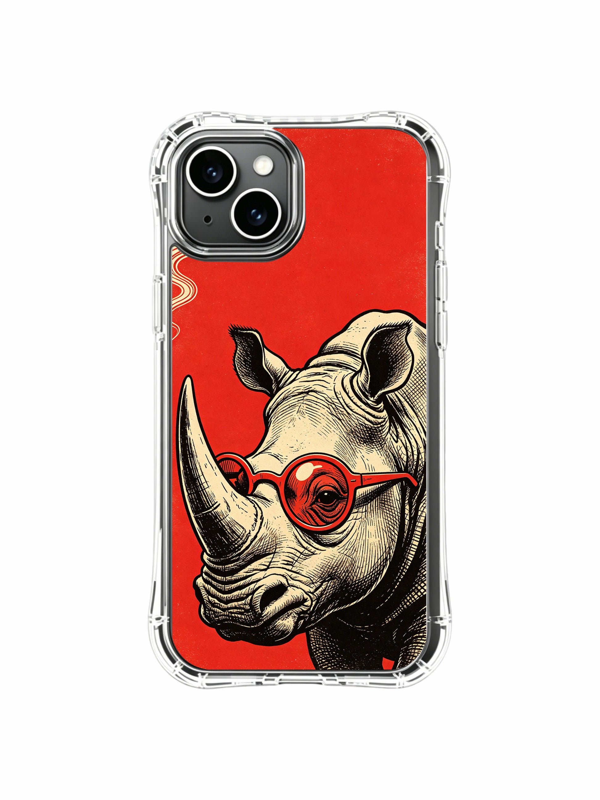 Subtle curling red smoke detail pairs with quirky red glass rhino original artwork by Rufus Vale for PhoneCasing iPhone 13 Case, durable gallery-grade phone cover made in California.