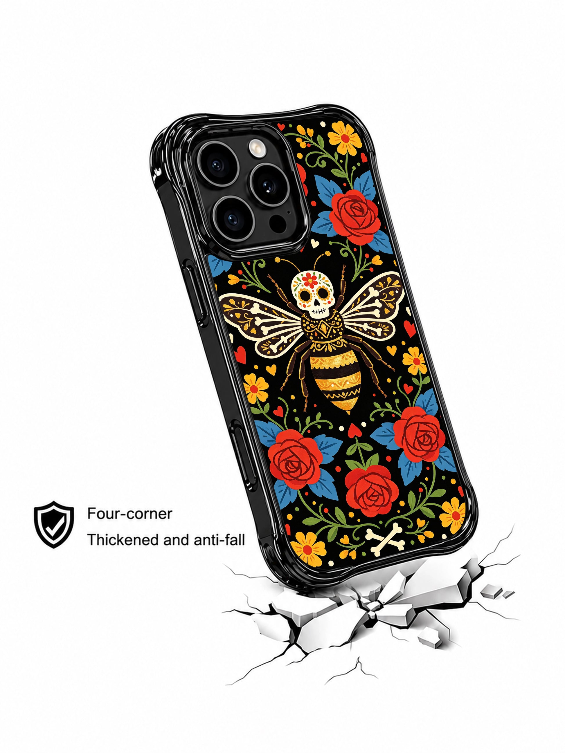 PhoneCasing iPhone 16 pro max MagSafe case featuring a sugar skull bee queen design. Vibrant floral folk art style with red and gold tones.