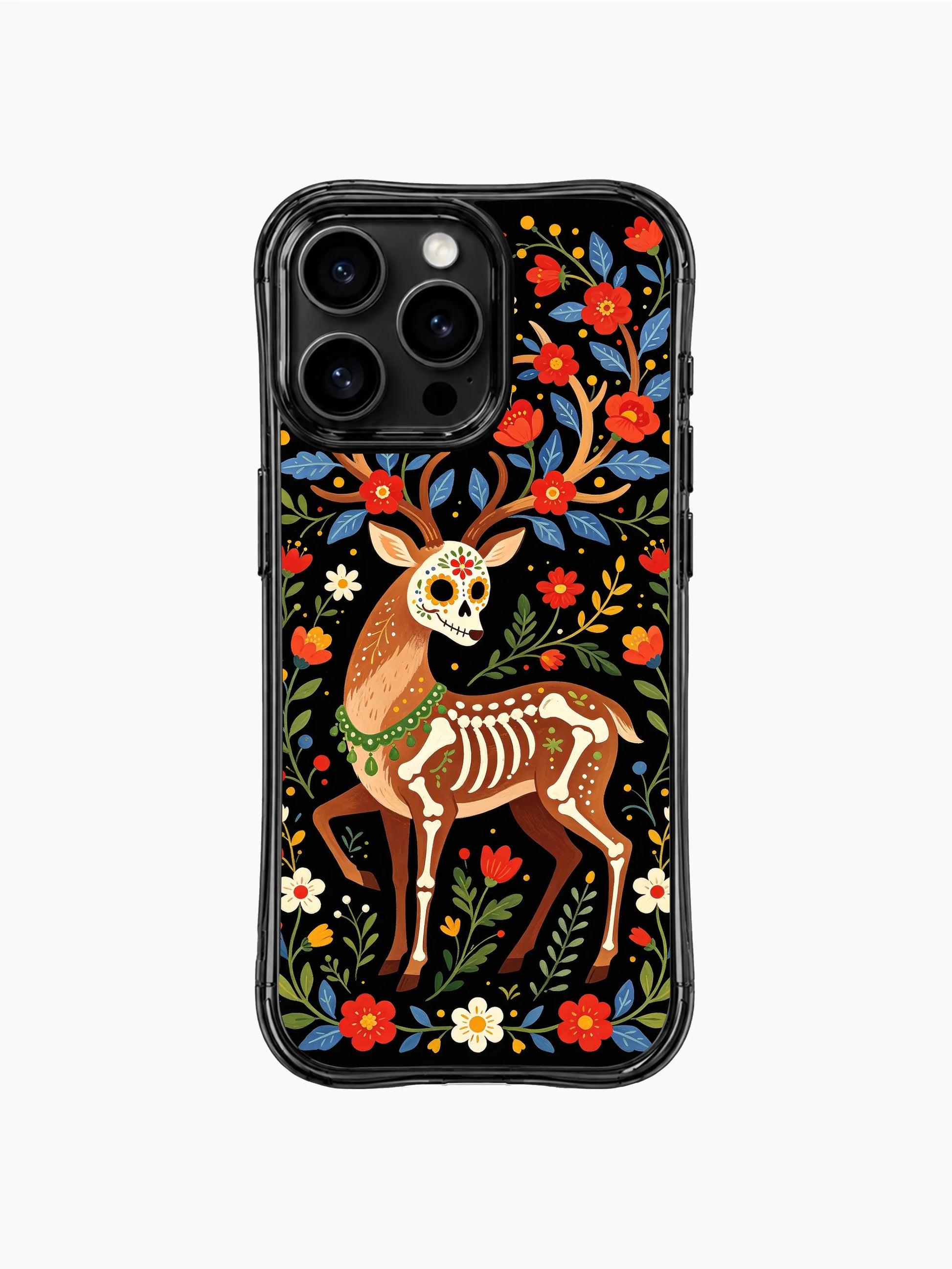 PhoneCasing iPhone 16 pro max Case featuring a sugar skull deer facing forward, showing its full sugar skull face and skeleton body, surrounded by flowers and leaves, balanced folk art design for iPhone 16 pro max casing.