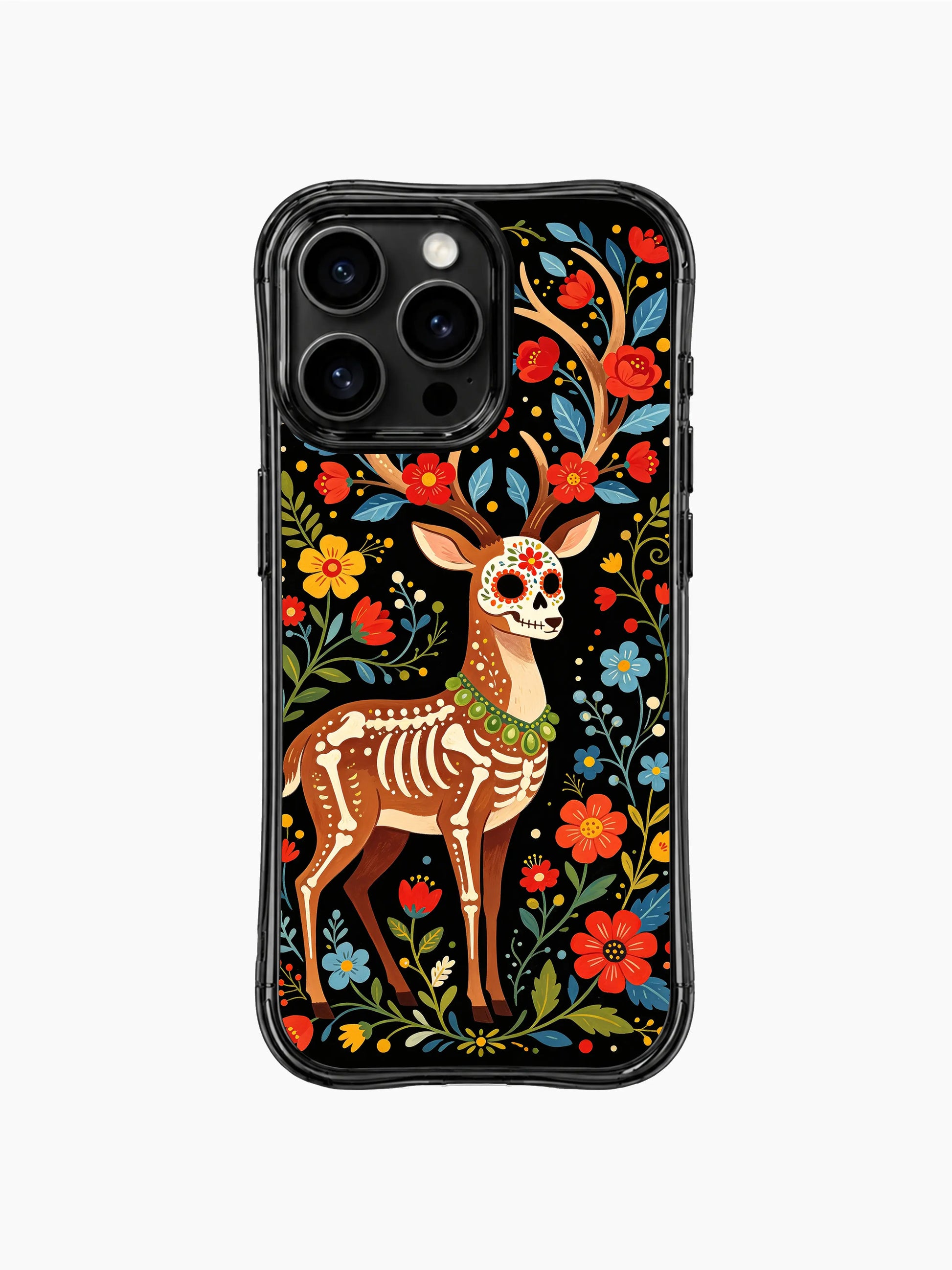 PhoneCasing iPhone 16 pro max Case with a sugar skull deer in a walking pose, showing its full body skeleton markings and floral details, set against a black background with flowers, whimsical folk design on iPhone 16 pro max casing.