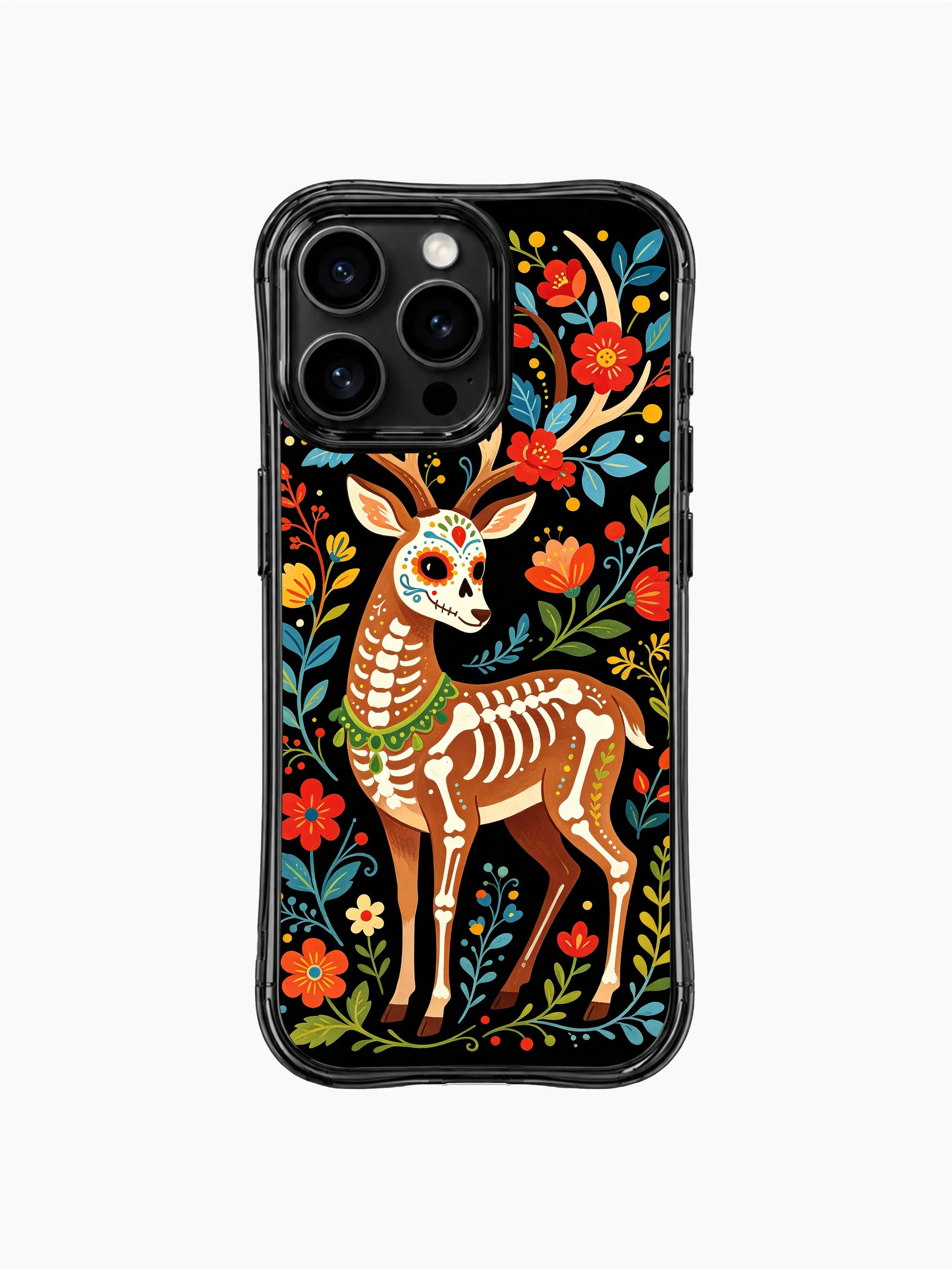PhoneCasing iPhone 16 pro max Case featuring a sugar skull deer in side view facing left, showing its skeleton side and floral antlers, surrounded by flowers and leaves, folk art design for iPhone 16 pro max casing.