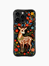 PhoneCasing iPhone 16 pro max Case featuring a sugar skull deer with blue leaves and red flowers decorating its antlers, surrounded by colorful blooms, folk art pattern on iPhone 16 pro max casing.
