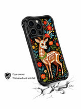 PhoneCasing iPhone 16 pro max Case with a sugar skull deer whose antlers are covered in blooming red flowers and blue leaves, set against a black background with colorful blooms, folk art pattern on black iPhone 16 pro max casing.