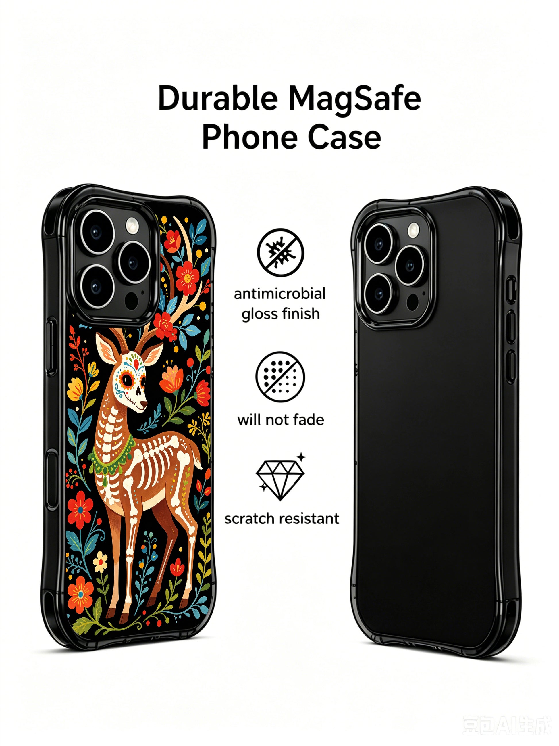 PhoneCasing iPhone 16 pro max Case featuring a sugar skull deer with green beaded necklace and skeleton markings, surrounded by vibrant red, yellow and blue flowers, whimsical folk design for iPhone 16 pro max casing.