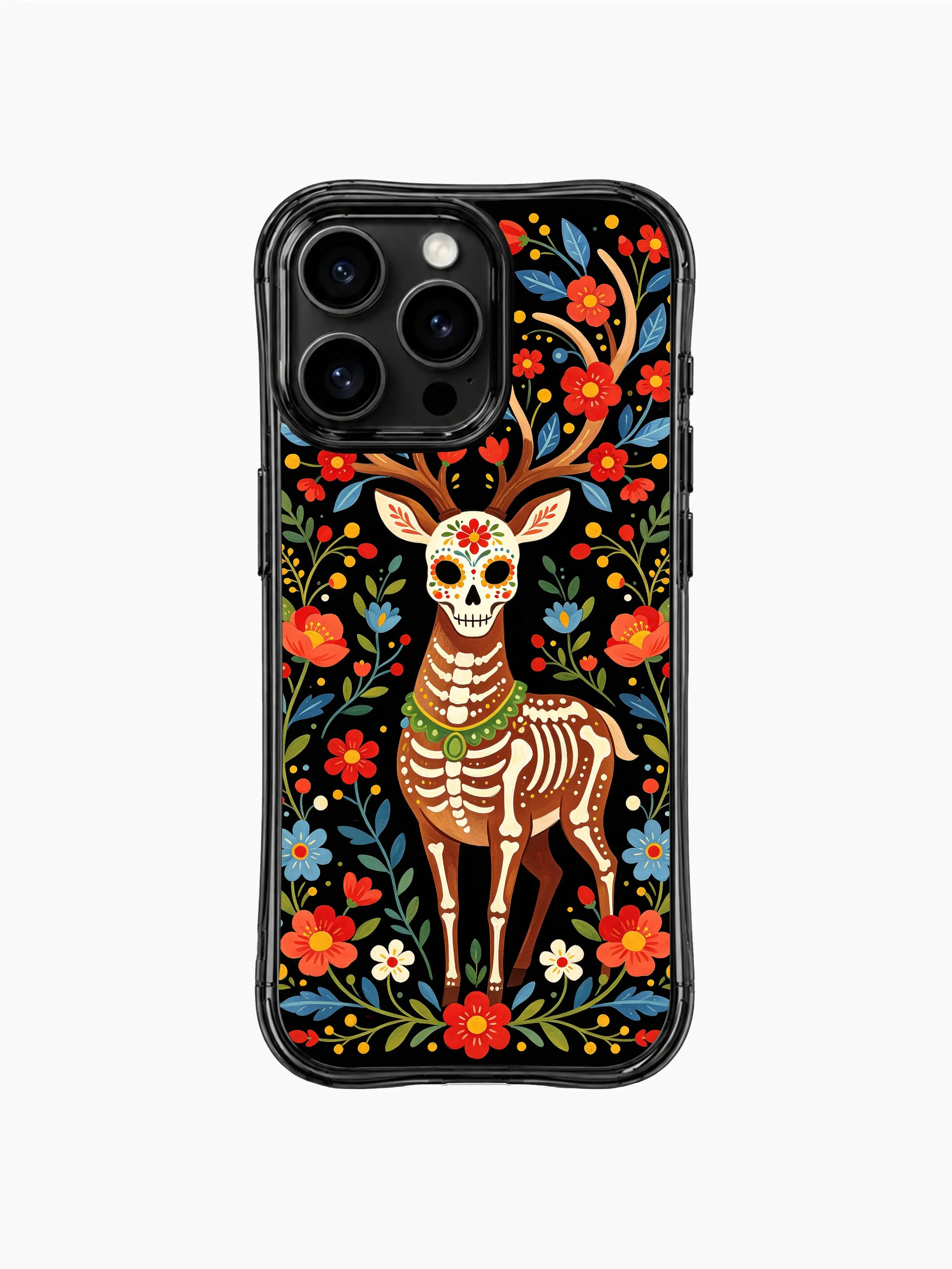 PhoneCasing iPhone 16 pro max Case with a sugar skull deer wearing a green beaded necklace, showing its skeleton body and floral face, surrounded by flowers, whimsical Day of the Dead print on black iPhone 16 pro max casing.