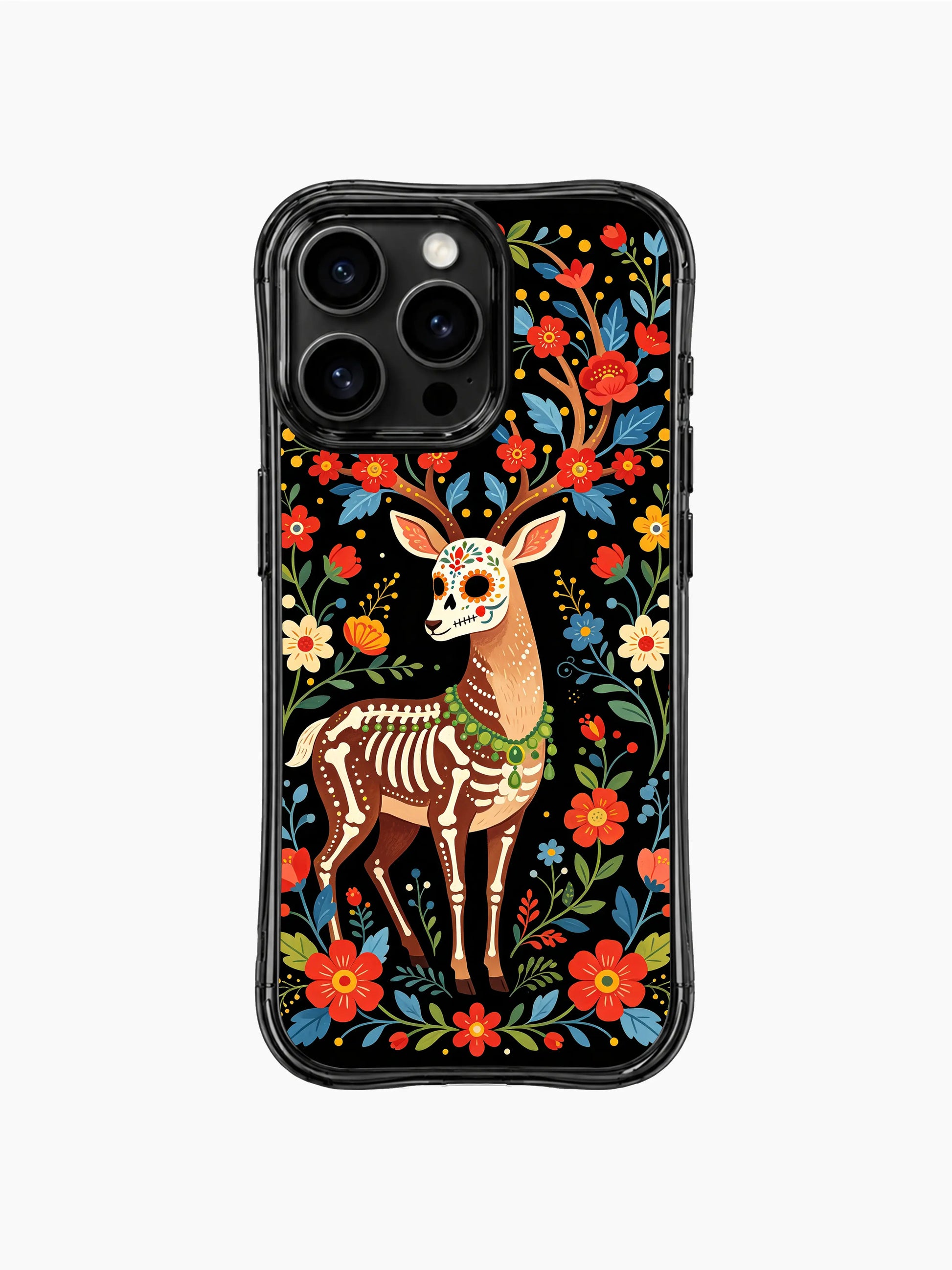 PhoneCasing iPhone 16 pro max Case with a sugar skull deer displaying its white skeleton body with green dot details, surrounded by colorful flowers, whimsical folk print on black iPhone 16 pro max casing.