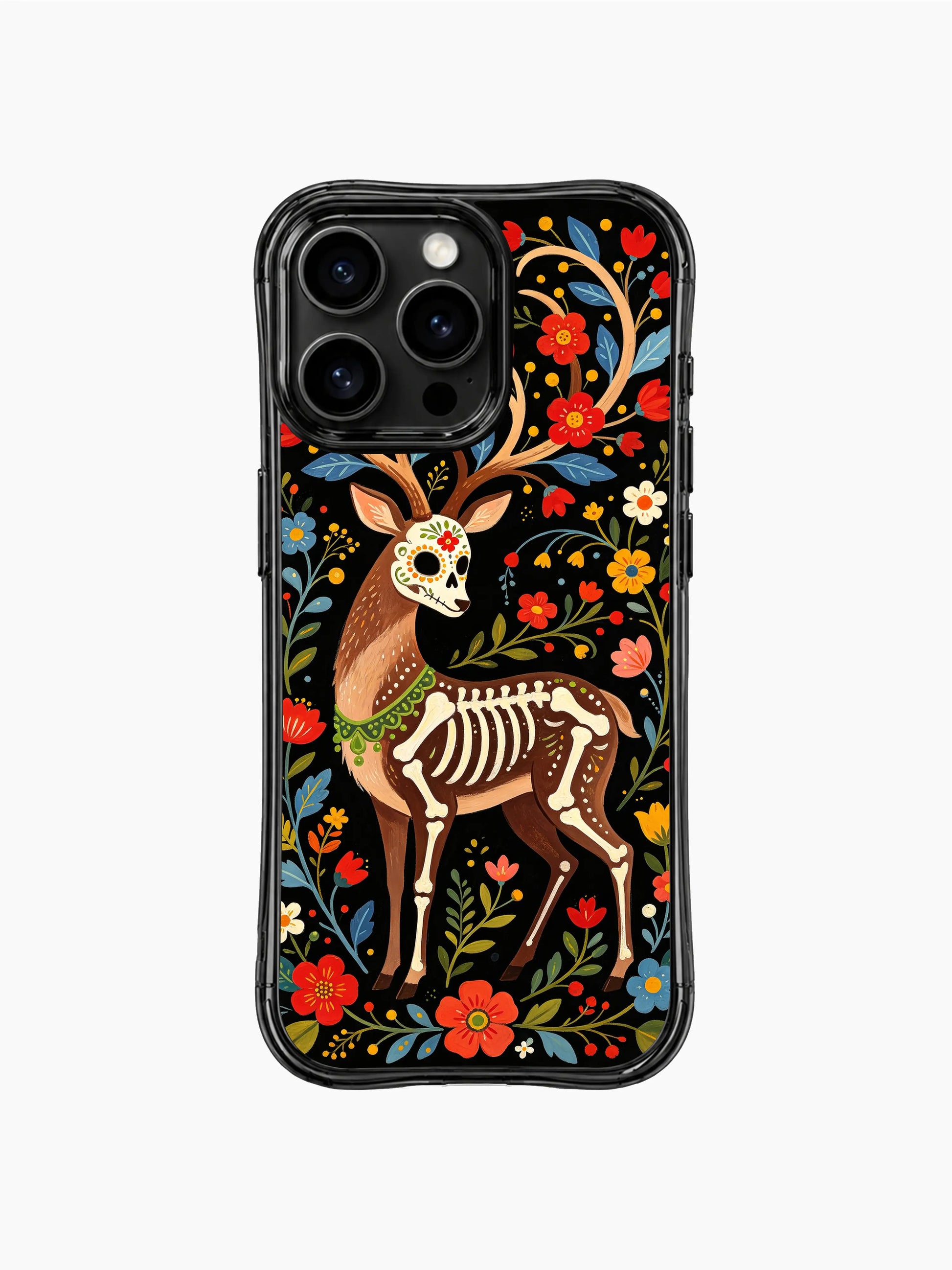 PhoneCasing iPhone 16 pro max Case featuring a sugar skull deer with yellow star-shaped flowers on its antlers, surrounded by red blooms and blue leaves, folk art design for iPhone 16 pro max casing.