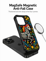 PhoneCasing iPhone 16 pro max Case with a galloping skeleton horse and a colorful sugar skull at the top, adorned with red flowers, yellow blooms and green leaves, folk art print on durable black iPhone 16 pro max casing.
