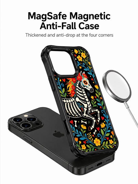 PhoneCasing iPhone 16 pro max Case with a galloping skeleton horse and a colorful sugar skull at the top, adorned with red flowers, yellow blooms and green leaves, folk art print on durable black iPhone 16 pro max casing.