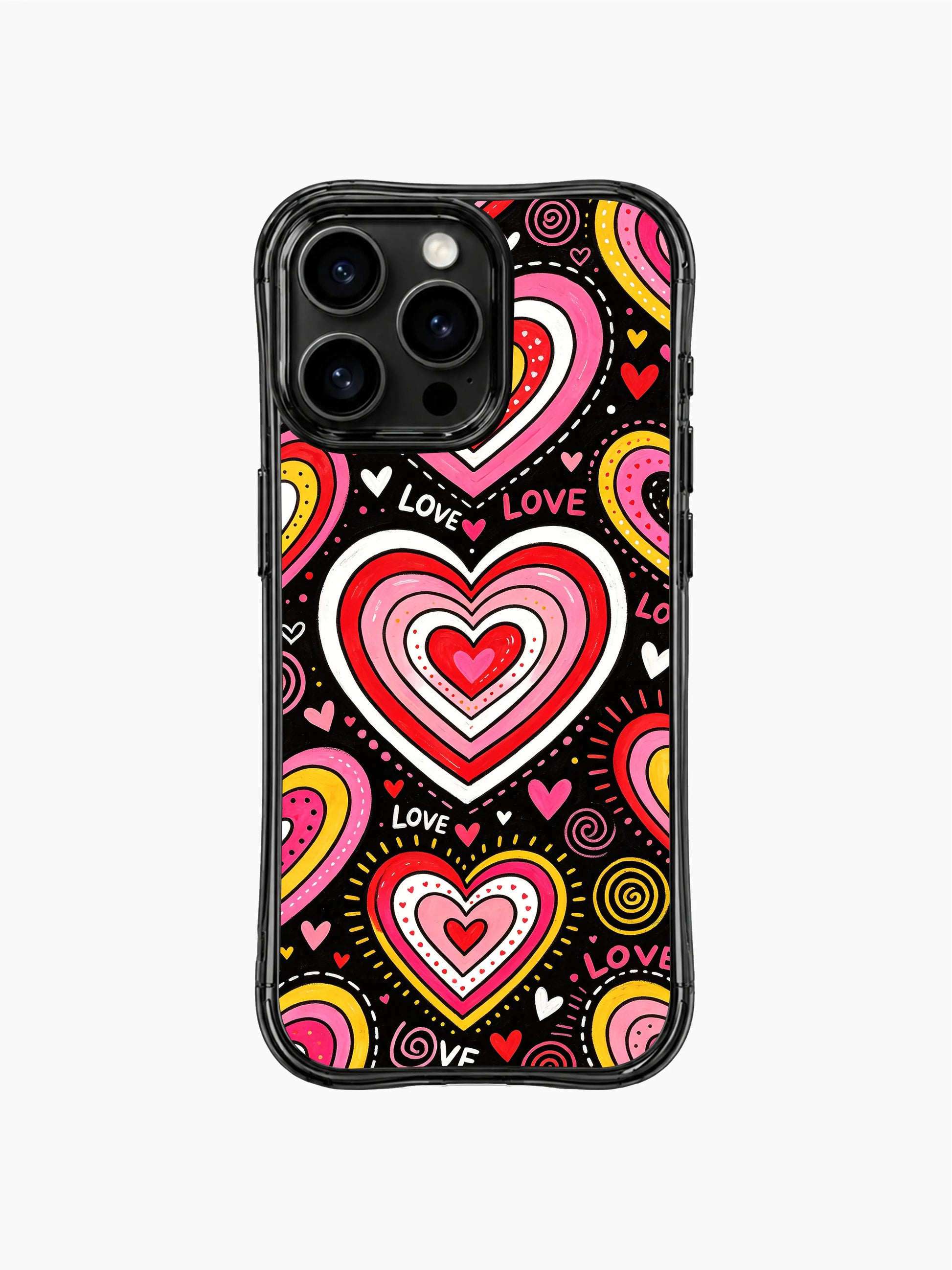 PhoneCasing iPhone 13 Pro Max cover all-over packed concentric rainbow candy heart doodle pattern, capturing warm sweet candy-store crush joy, long-wearing durable protective casing.