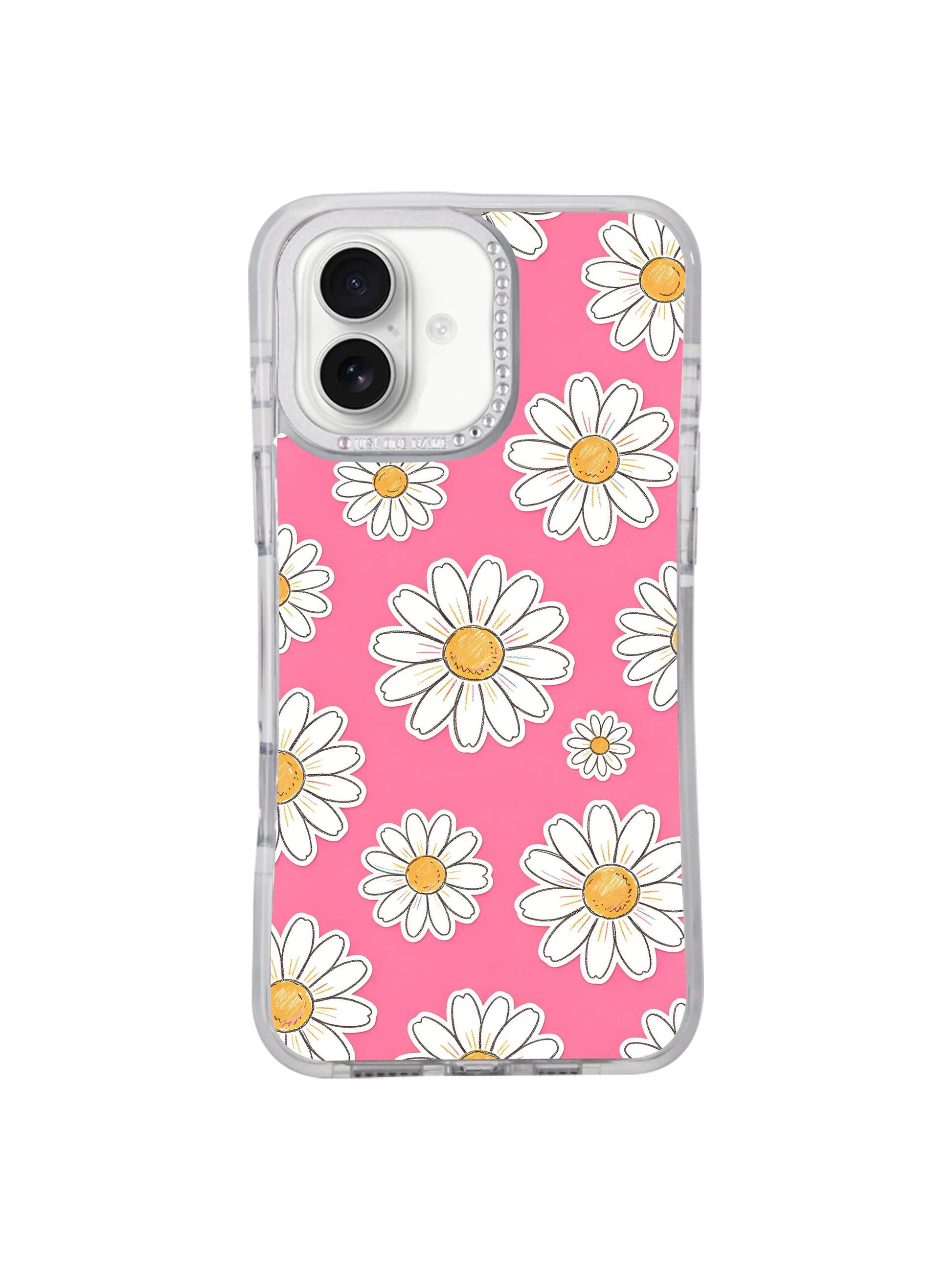 PhoneCasing long-lasting fade-resistant museum pigment print iPhone 17 casing Pink Joy Daisy Field, soft hand-textured white daisies scattered across vivid bubblegum pink, retains original pencil sketch grain of Solea Meadow’s joyful floral artwork.
