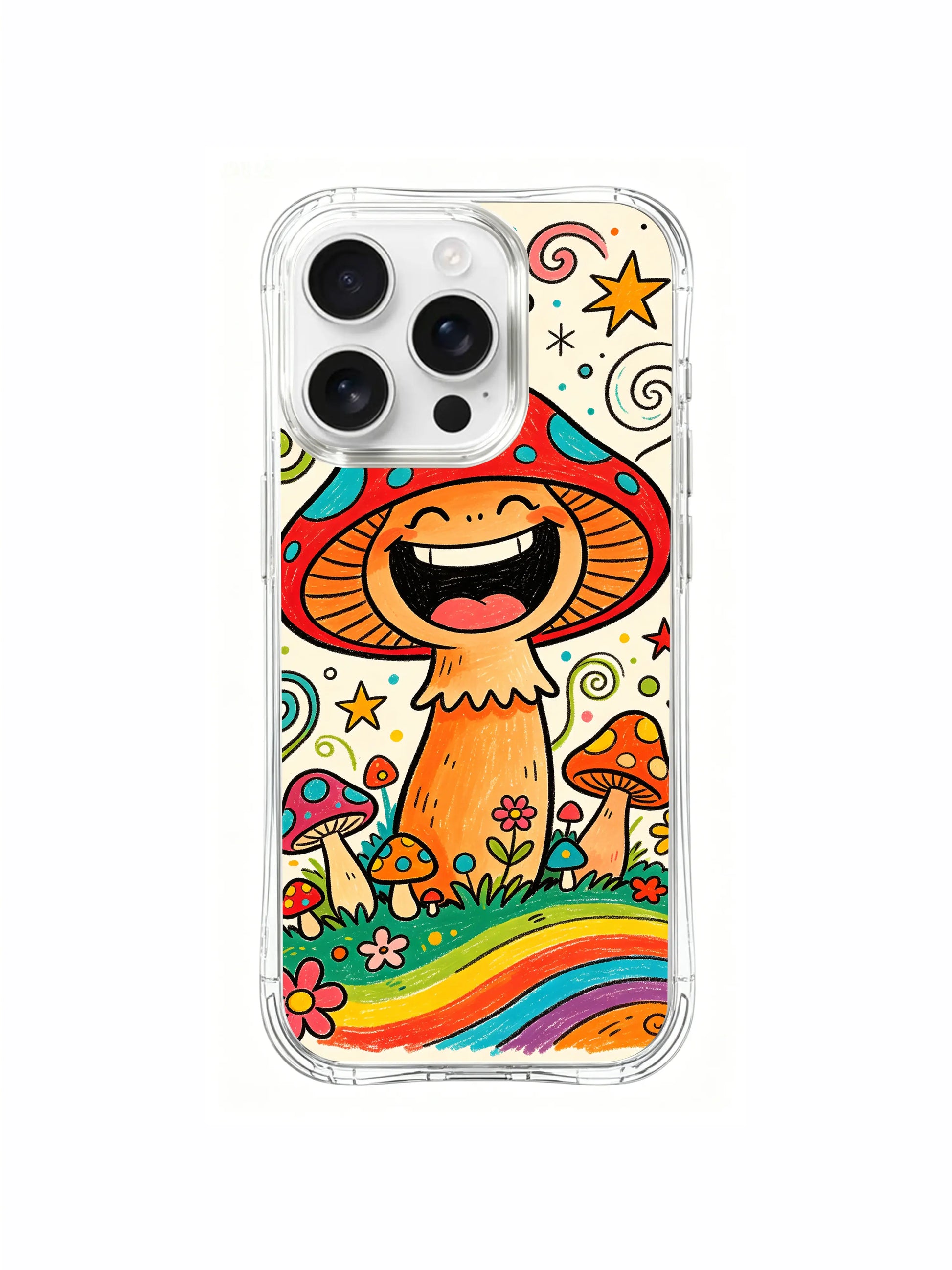 PhoneCasing iPhone 16 pro max Case, tiny sun doodle accent bespoke art casing designed by Luna Moss, happy giant mushroom king folk print limited run luxury wearable phone casing
