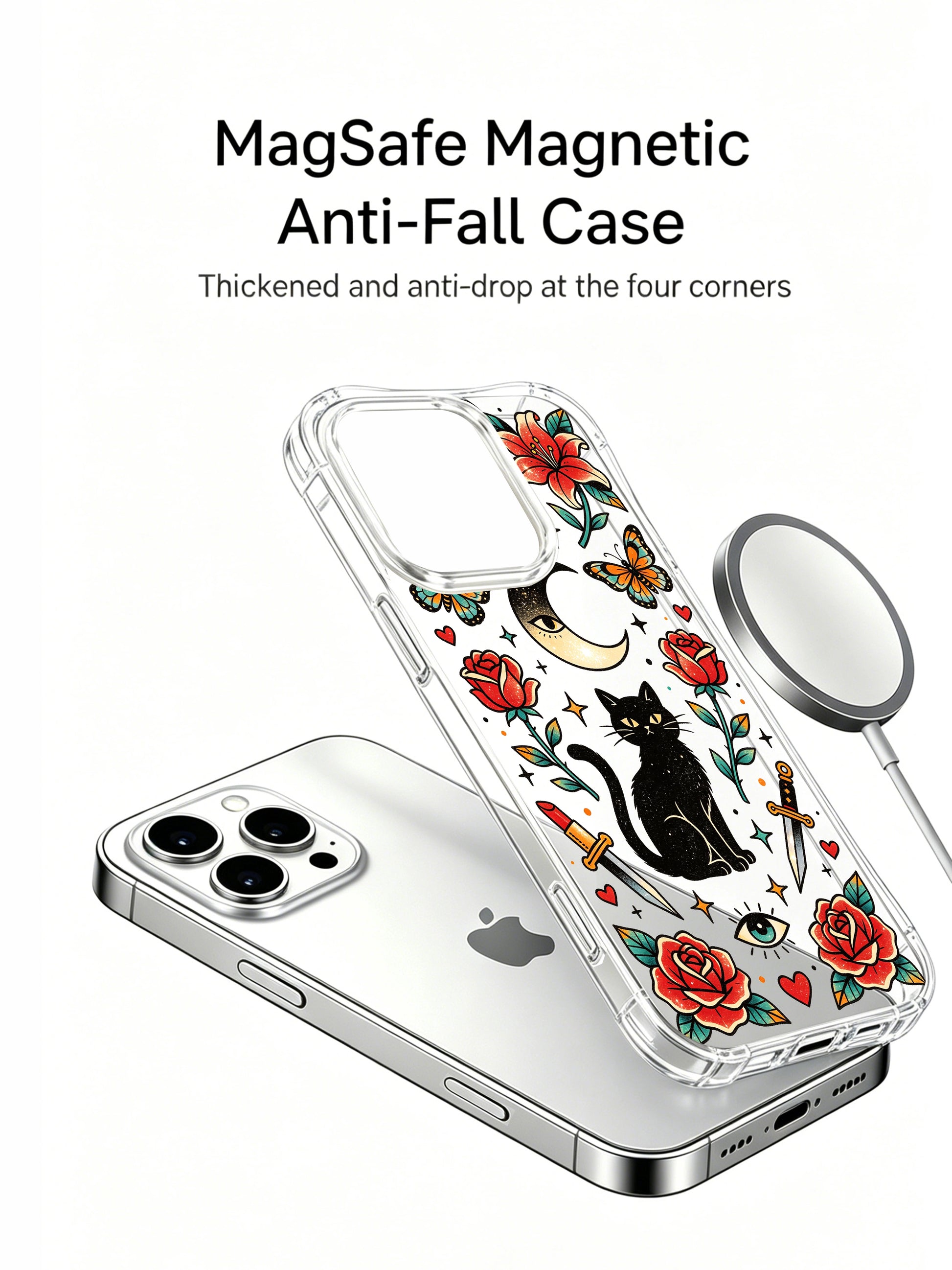 PhoneCasing iPhone 15 pro Case with tiny sun symbol, isolated single bottom eye, one top butterfly and scattered star motifs, premium glossy finish art iPhone 15 pro casing.
