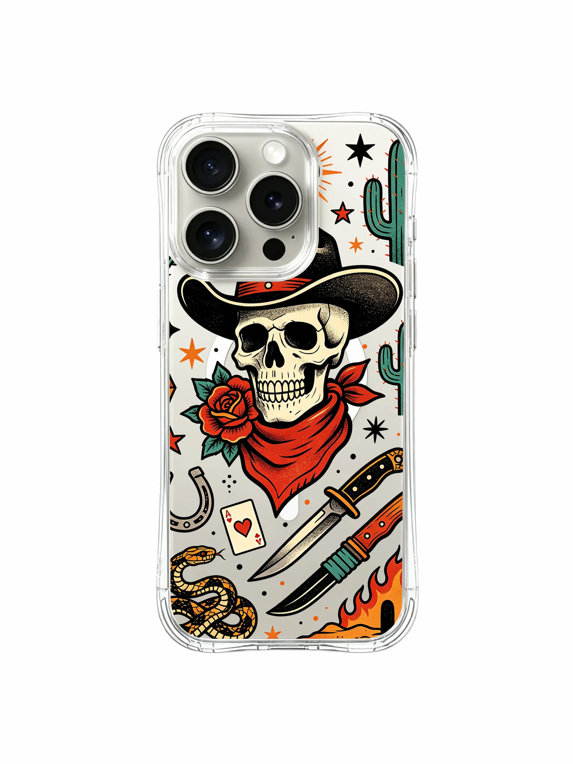 PhoneCasing iPhone 15 pro Case with upper sun graphic, top rattlesnake, triple red flowers, spade ace and cowboy skull, luxury gift-ready clear iPhone 15 pro casing.