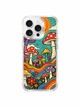 Mushroom groove with sun and cloud artwork on an iPhone 16 Pro Max case