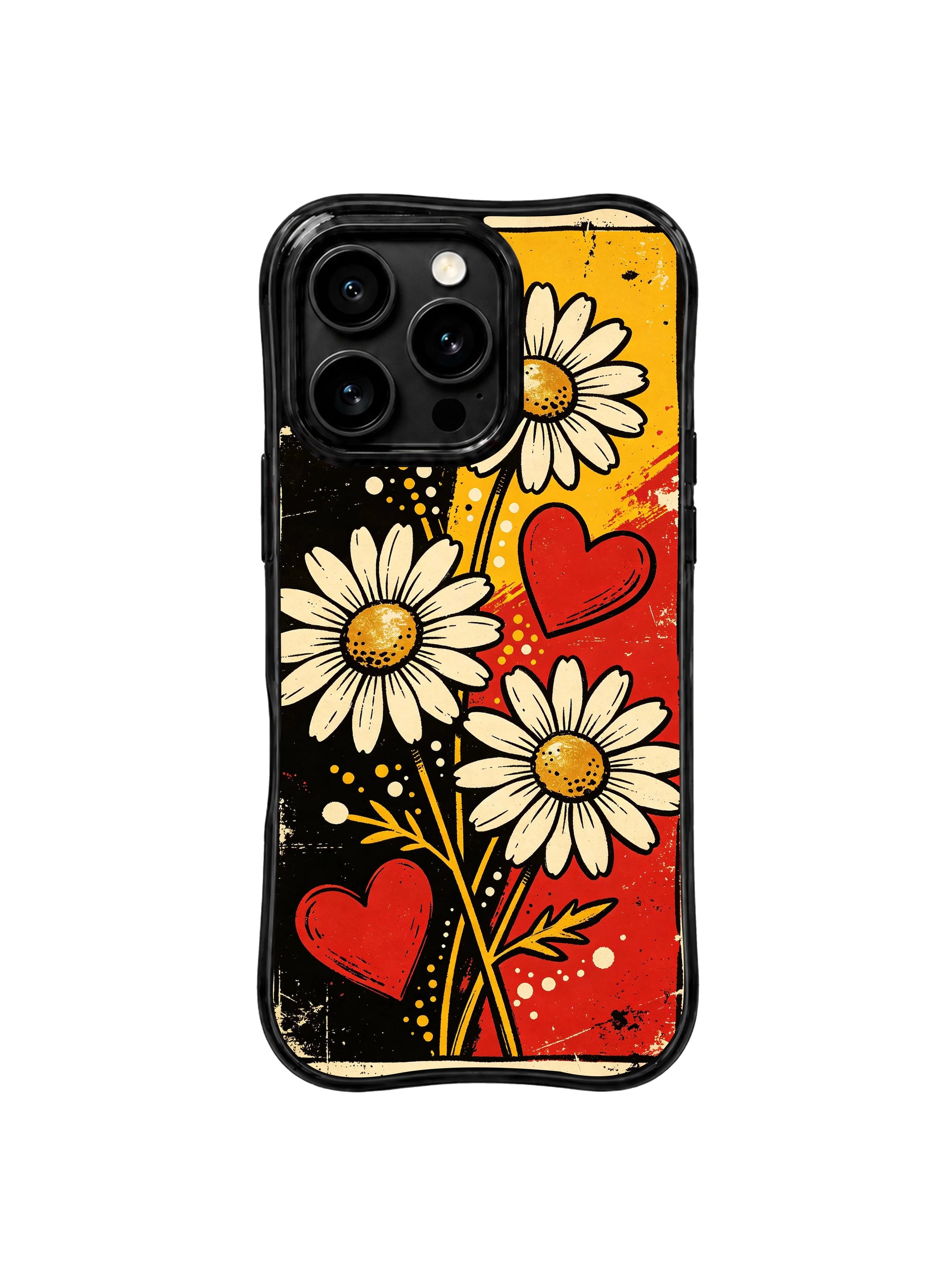 PhoneCasing iPhone 16 pro Case with moody uneven distressed red and black paint block backdrop layered with sunflower daisies, scarlet hearts and speckle dot splatters, Ruby Daze retro punk illustration, tough premium phone casing.