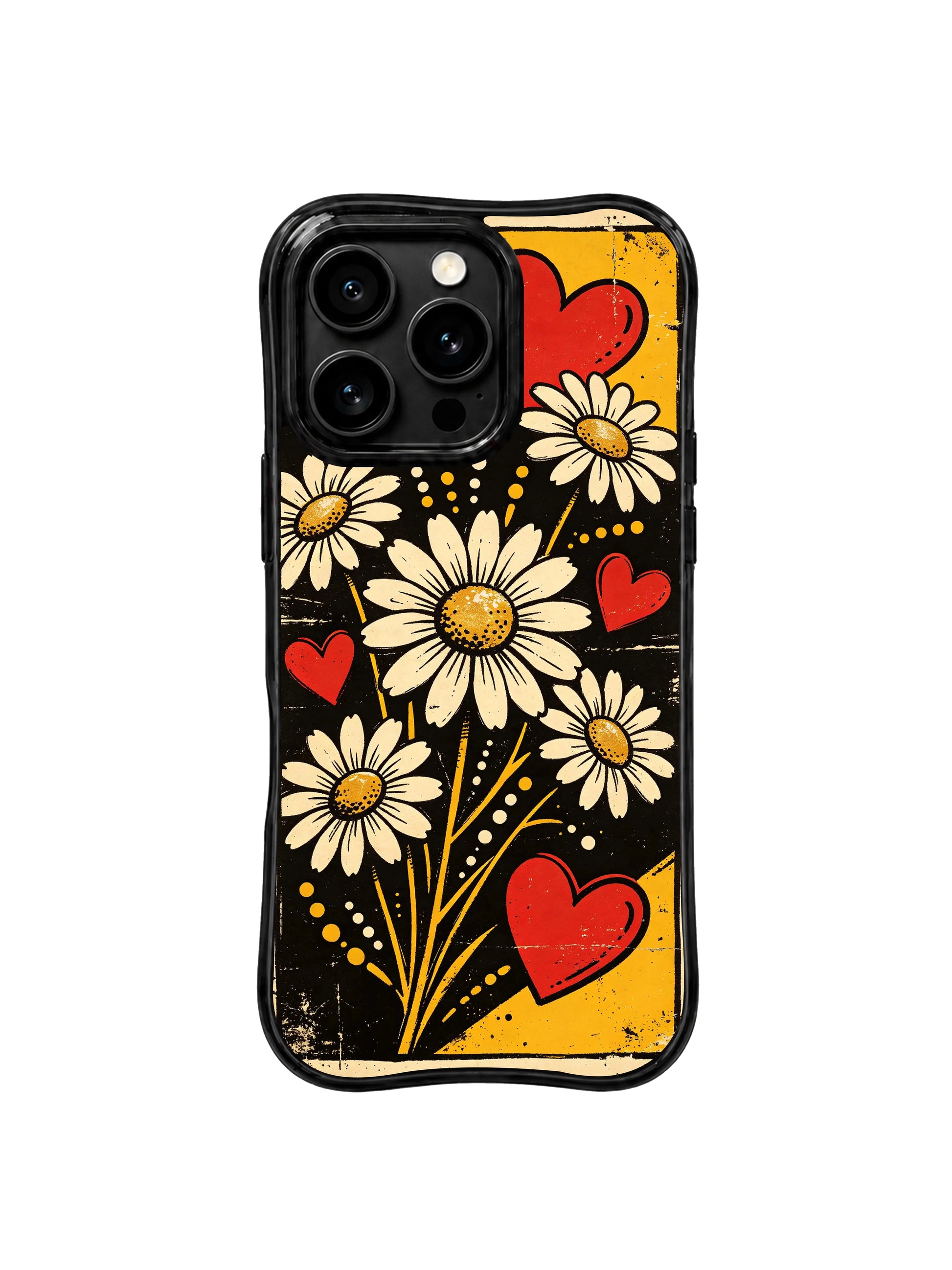 PhoneCasing iPhone 16 pro Case themed on unapologetic inner courage, blazing passion and steady self-belief with sunflower punk daisy grunge graphics, Ruby Daze Daisy Love Riot printed wavy art casing.