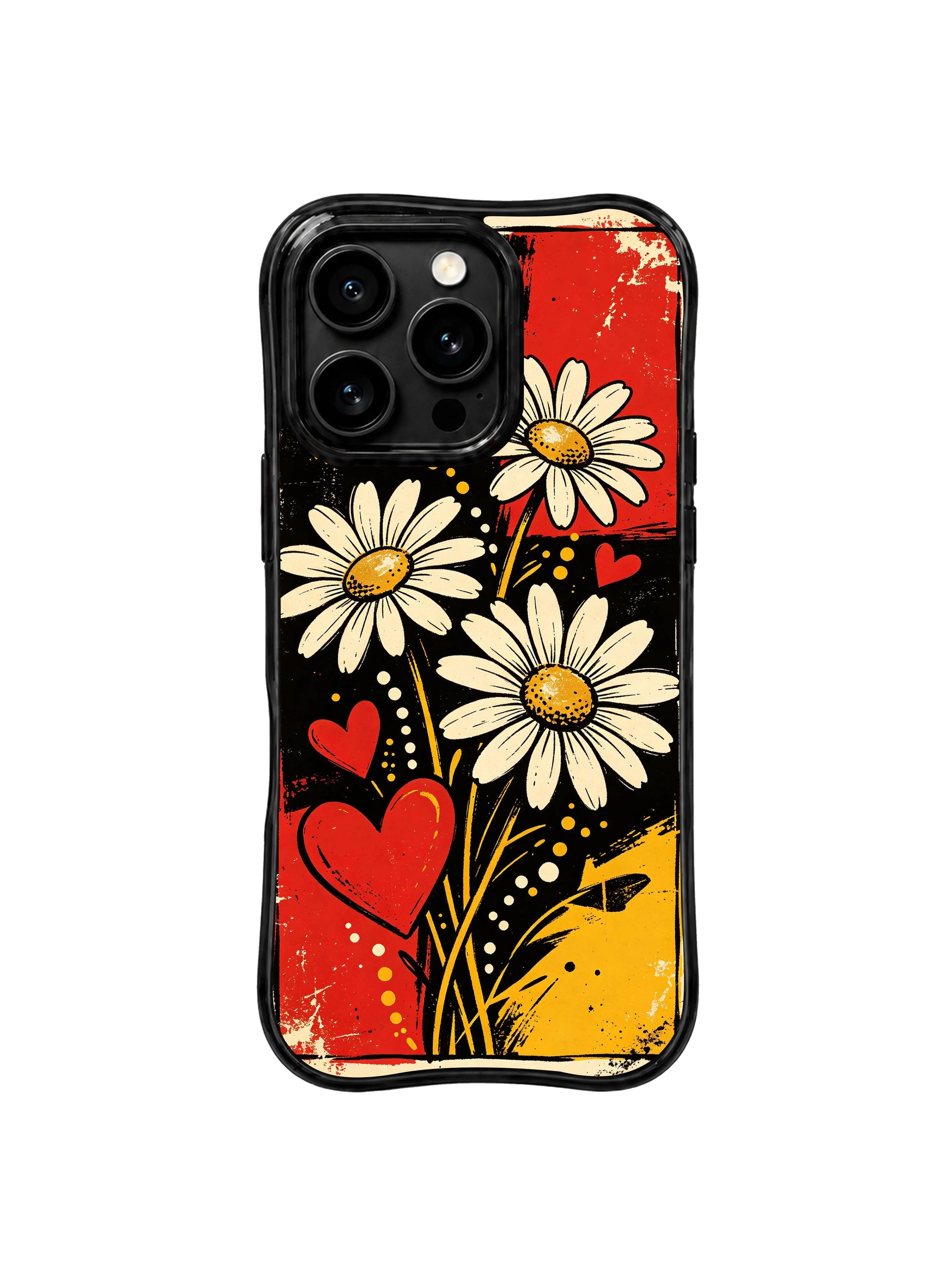 PhoneCasing iPhone 16 pro Case with full-coverage stacked grunge sunflower daisy scarlet heart speckle dot layout delivering strong visual impact, Ruby Daze bold attitude punk design, slim lightweight wavy premium case.