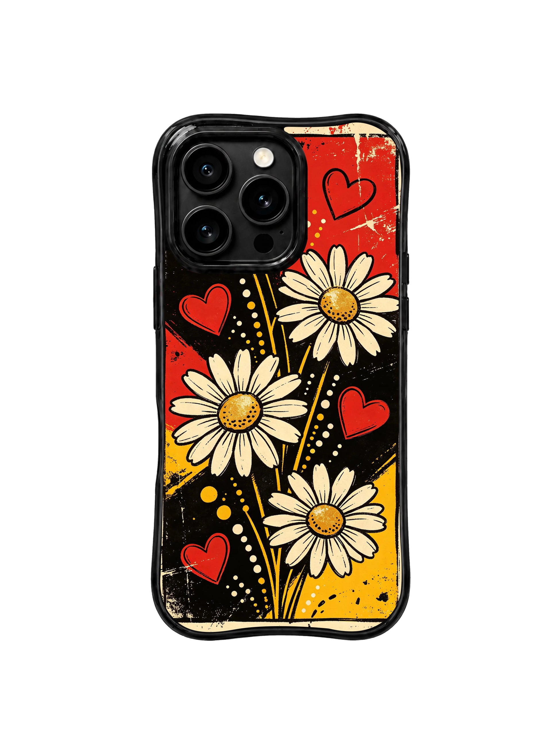 PhoneCasing iPhone 16 pro Case featuring unique sunflower golden centers on creamy punk daisies against rough red black grunge split blocks from Ruby Daze Sunflower Punk Daisies, wavy black frame premium art casing for iPhone 16 pro.
