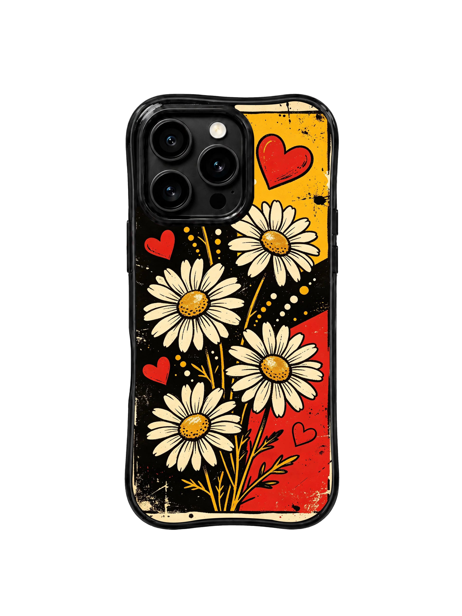 PhoneCasing iPhone 16 pro Case with scattered layered yellow & white speckle dot splatter details mixed with scratch grunge grain as punk texture layers, playful Ruby Daze Sunflower Punk Daisies floral design, stylish women’s phone casing.