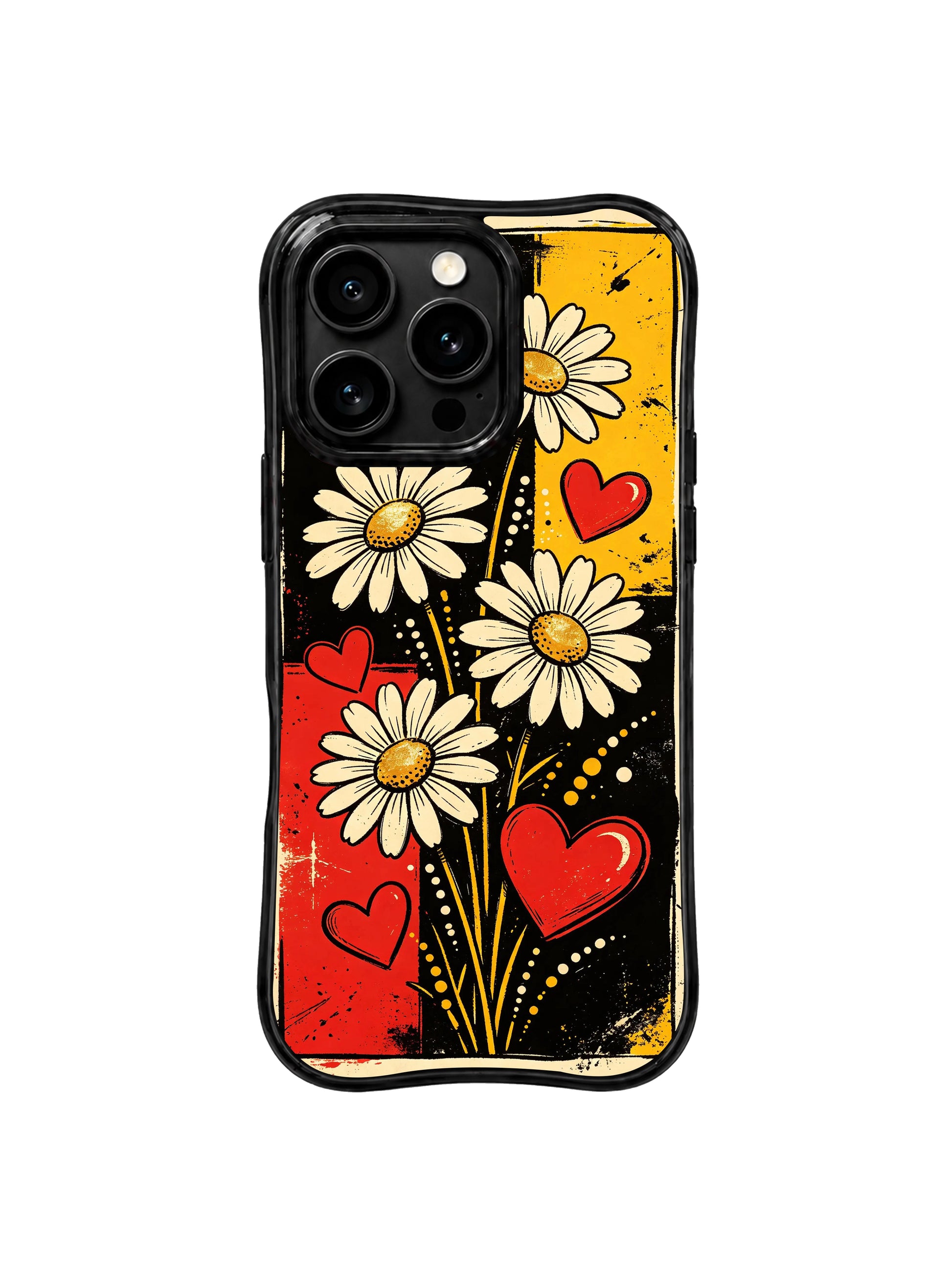 PhoneCasing iPhone 16 pro Case with rough organic thick black marker outlines for sunflower core daisy petals, Ruby Daze handmade underground punk pop art, gallery grade wavy print casing.