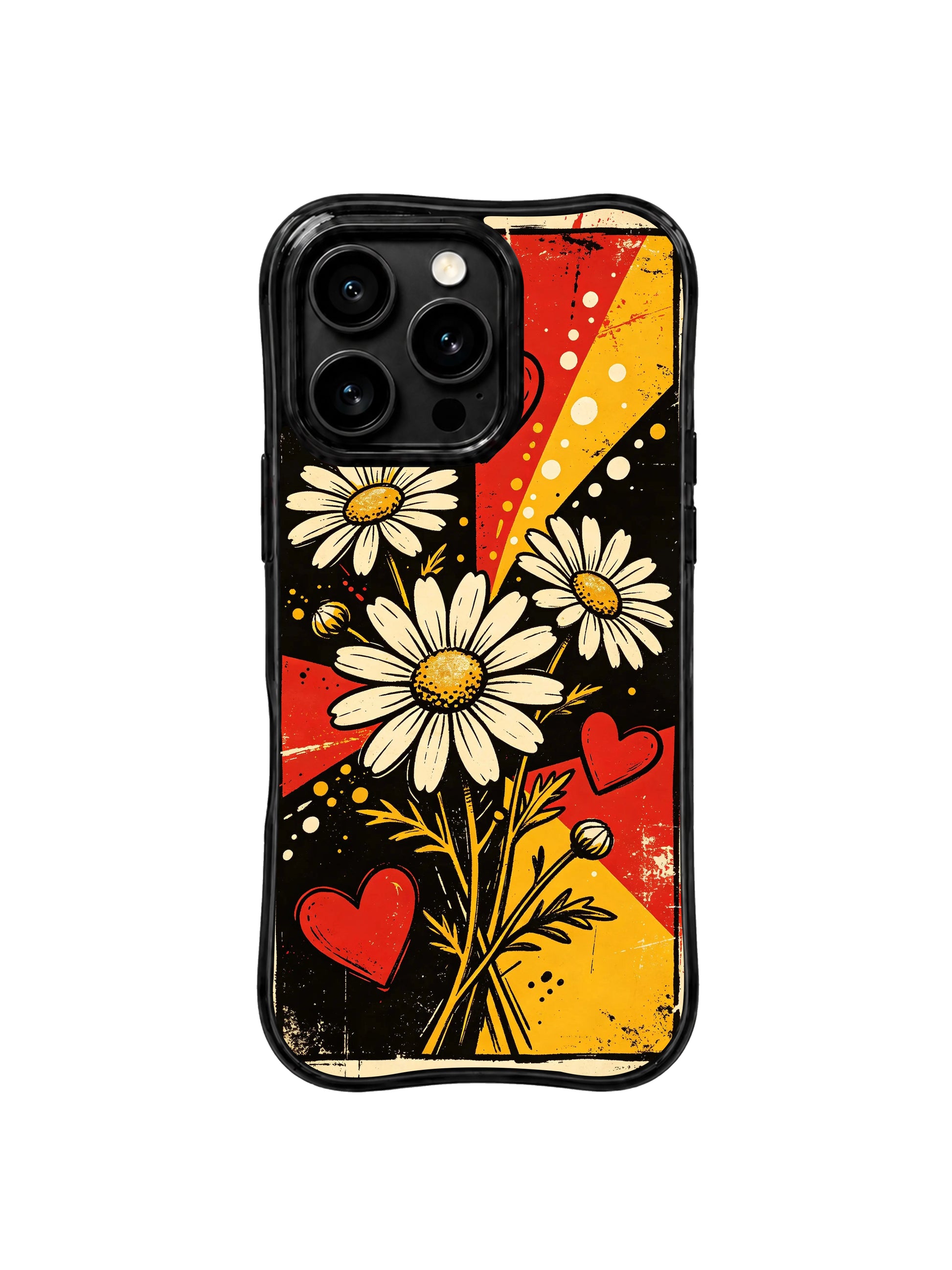 PhoneCasing iPhone 16 pro Case with vintage underground punk rock wall poster composition centered on golden sunflower core daisies and red heart splatters, exclusive Ruby Daze artist collab heavy-duty protective art case.