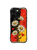 PhoneCasing iPhone 16 pro Case with bold solid red hand-doodle hearts and multi-size yellow white speckle dot splatters filling negative space between punk daisies, Ruby Daze courageous fiery pop floral art, scratch resistant wavy casing.