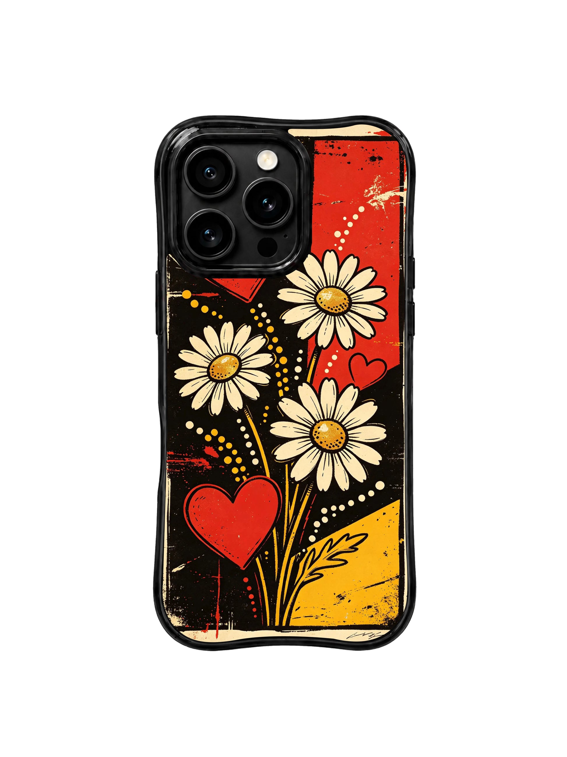 PhoneCasing iPhone 16 pro Case with authentic scratched faded underground punk wall poster grain dark backdrop, exclusive Ruby Daze wearable wavy frame floral grunge art.
