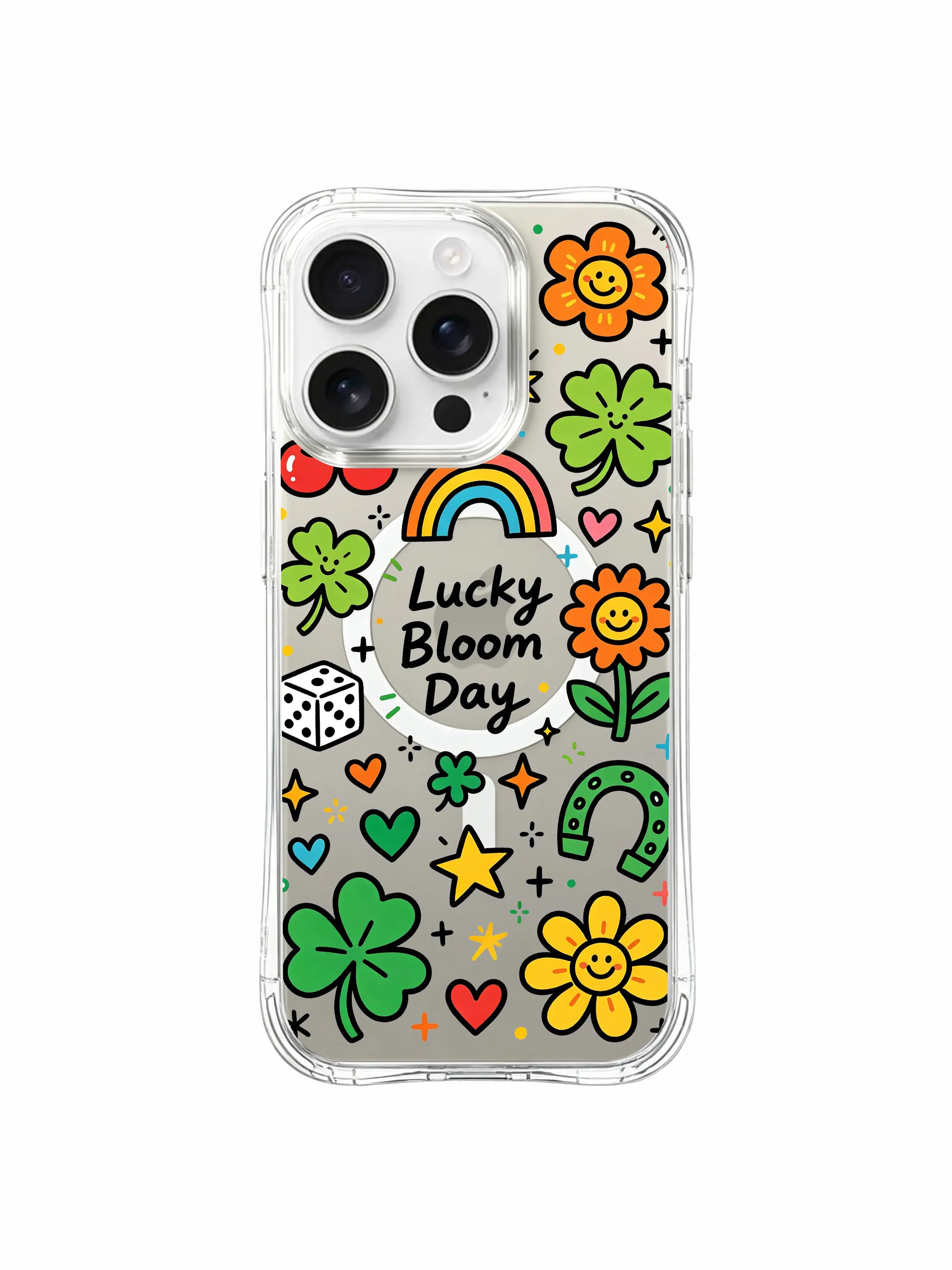 PhoneCasing iPhone 16 pro max protective case with original flower and star doodles by artist Sunny Charm, from the Lucky Bloom Day series.