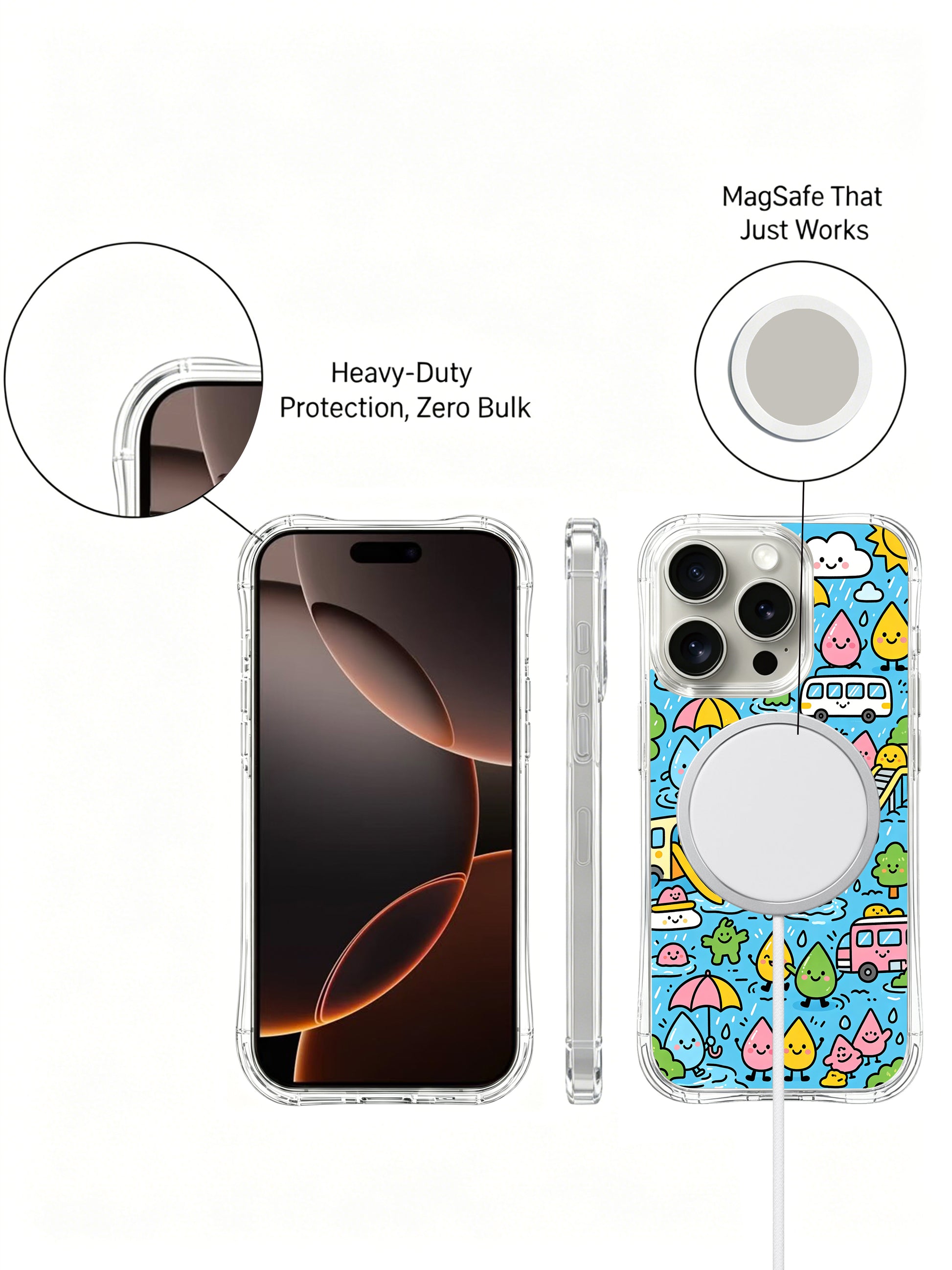 PhoneCasing iPhone 16 Pro Case with sunny rainy day illustration, part of Milo Yun’s Happy Little Worlds collection, high-quality art casing.