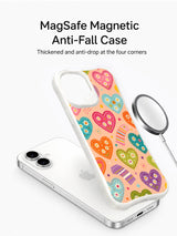 PhoneCasing sunny tablecloth hearts iPhone 16 plus case, retro daisy and heart pattern on soft peach background, MagSafe-compatible.