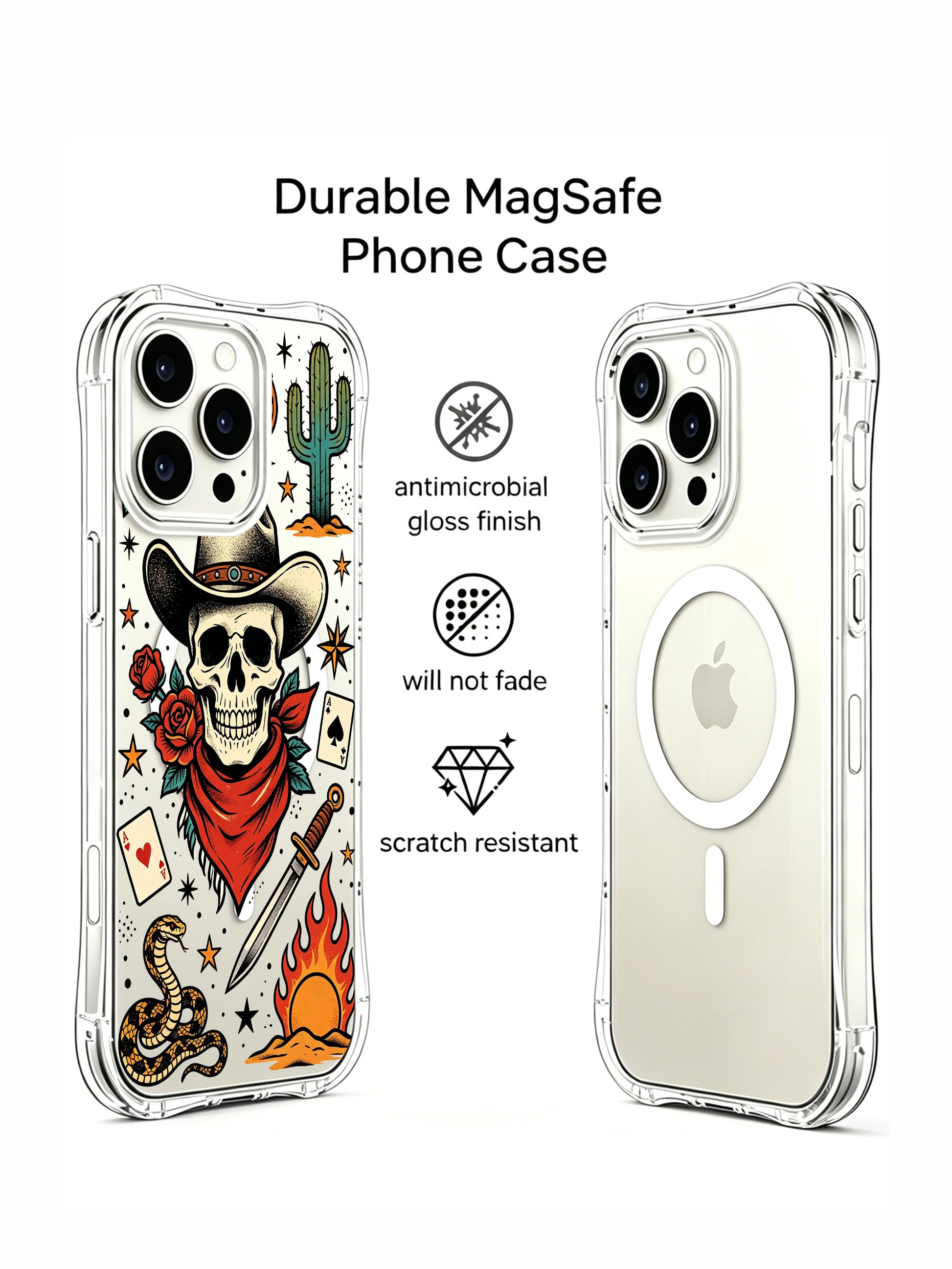 PhoneCasing iPhone 15 pro Case showcasing sunrise backdrop, bandana cowboy skull, twin red roses, spade ace card and desert rattlesnake, scratch-resistant clear art iPhone 15 pro casing crafted locally in USA.