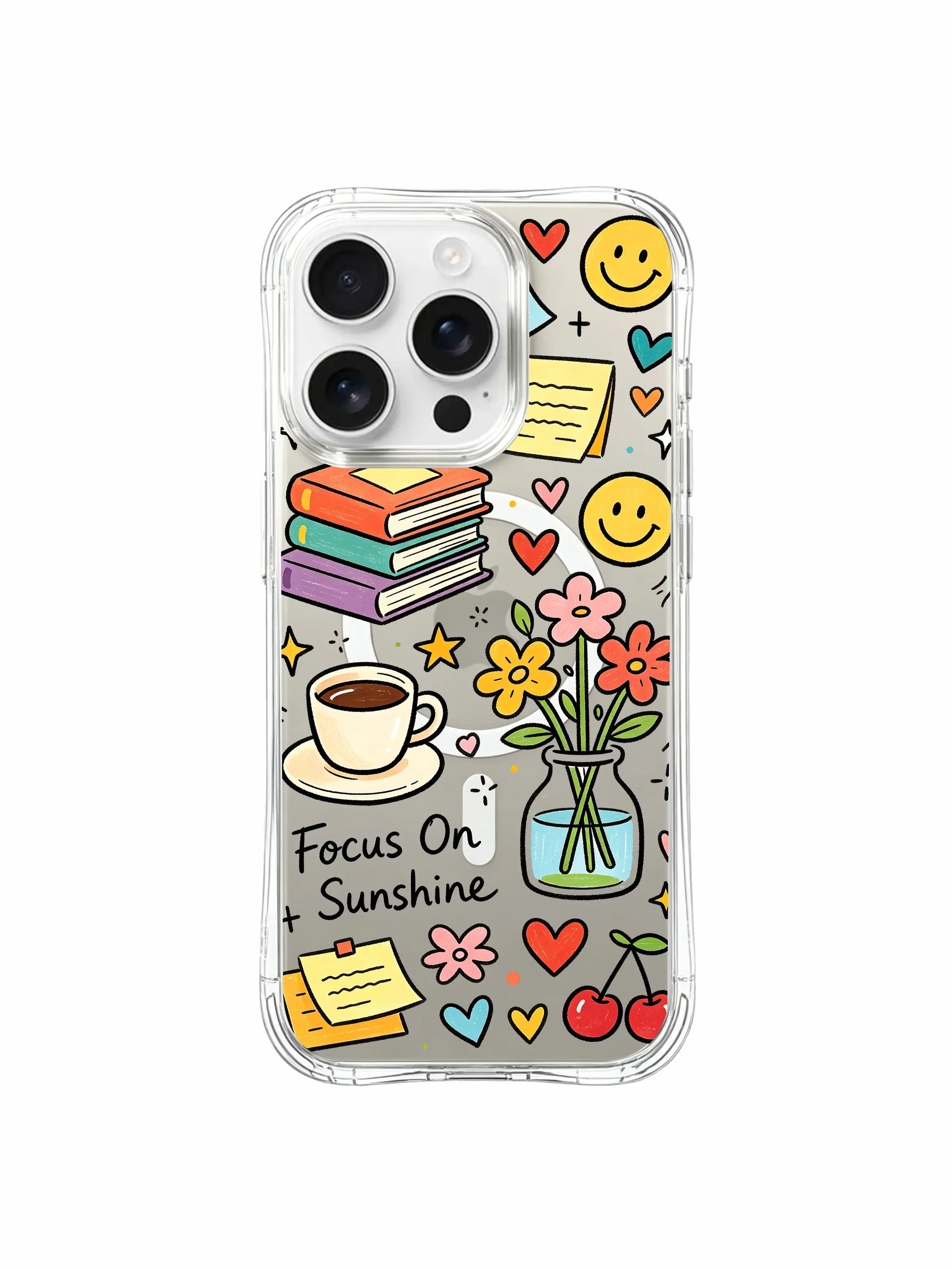 PhoneCasing iPhone 16 pro max anti-scratch clear case with cheerful sun doodles, stacked books, heart accents and colorful flower motifs.