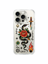 Rose serpent with sun-shaped skull and star artwork on an iPhone 15 Pro case