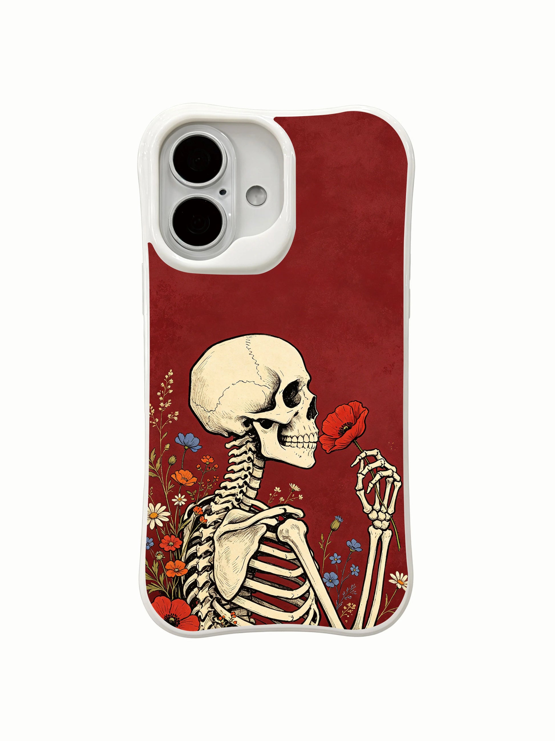 PhoneCasing surreal rebirth-themed skeleton poppy artwork iPhone 16 Case, contemporary dark academia artistic premium iPhone 16 cover