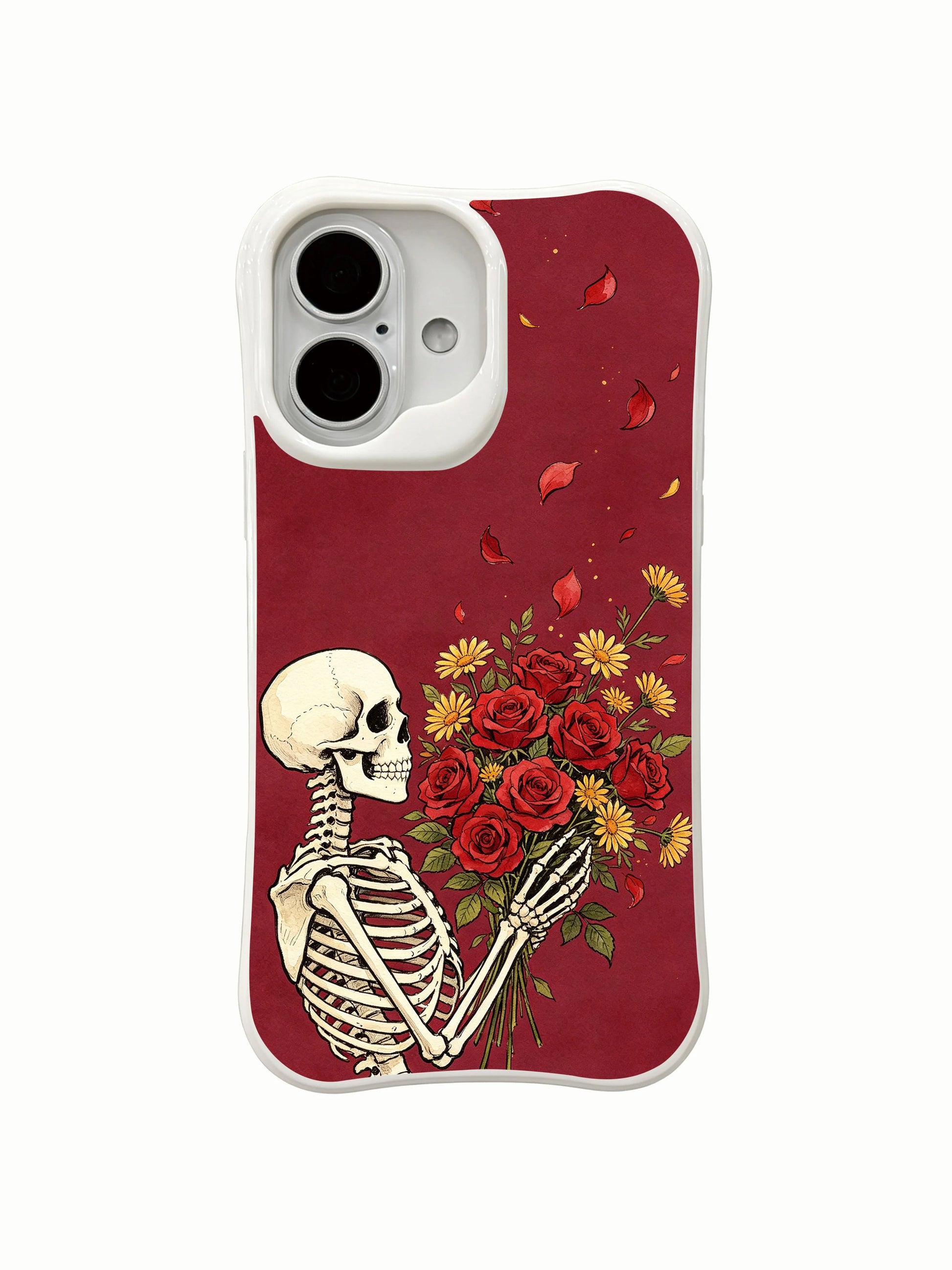 PhoneCasing moody burgundy skeleton bouquet iPhone 16 Case, boho goth everyday slim-fit illustrated iPhone 16 casing