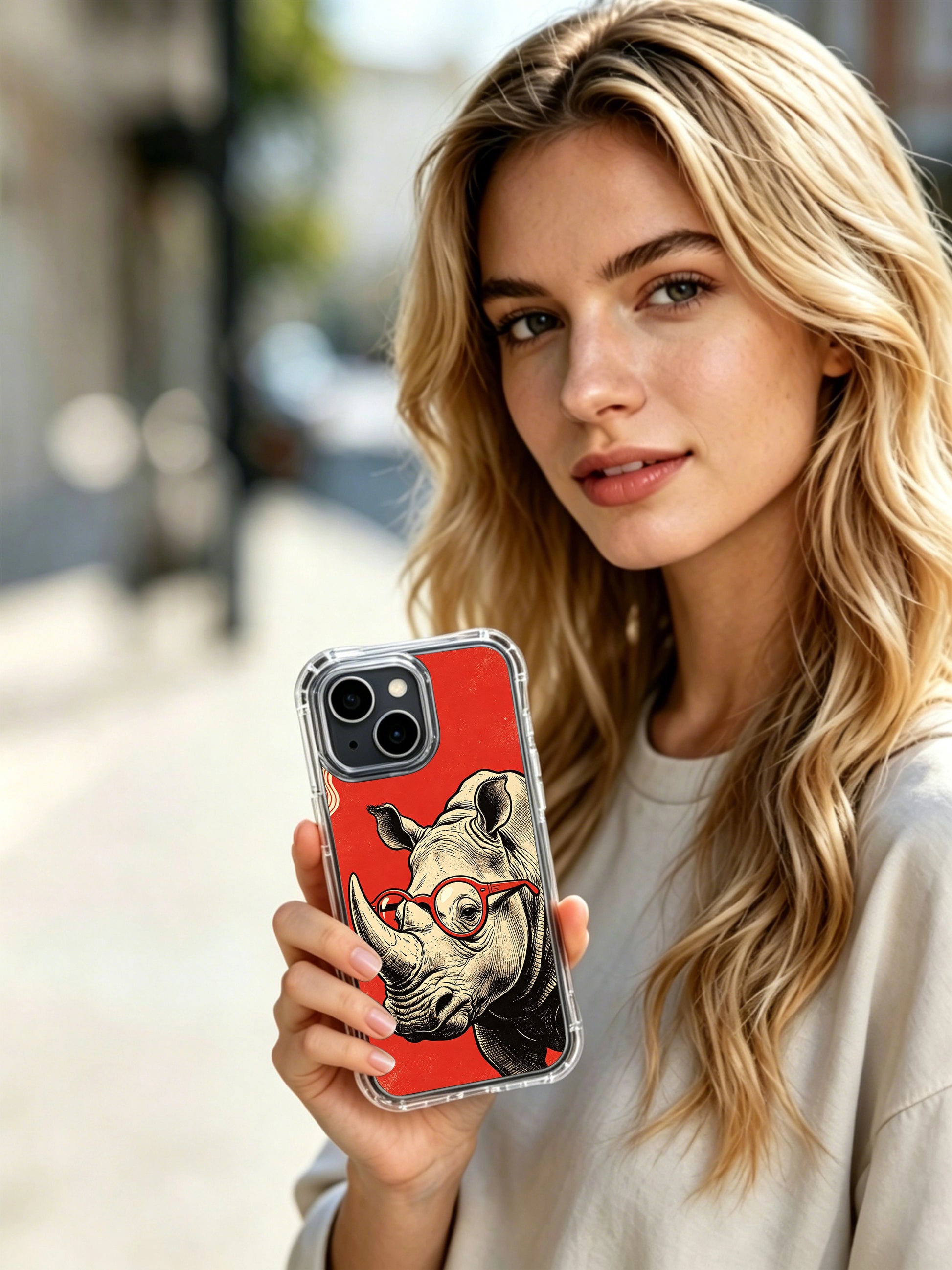 Surreal vintage poster animal portrait of red round lens rhino by Rufus Vale for PhoneCasing iPhone 13 Case, elegant art casing ideal for curated birthday gifts for art-loving ladies.