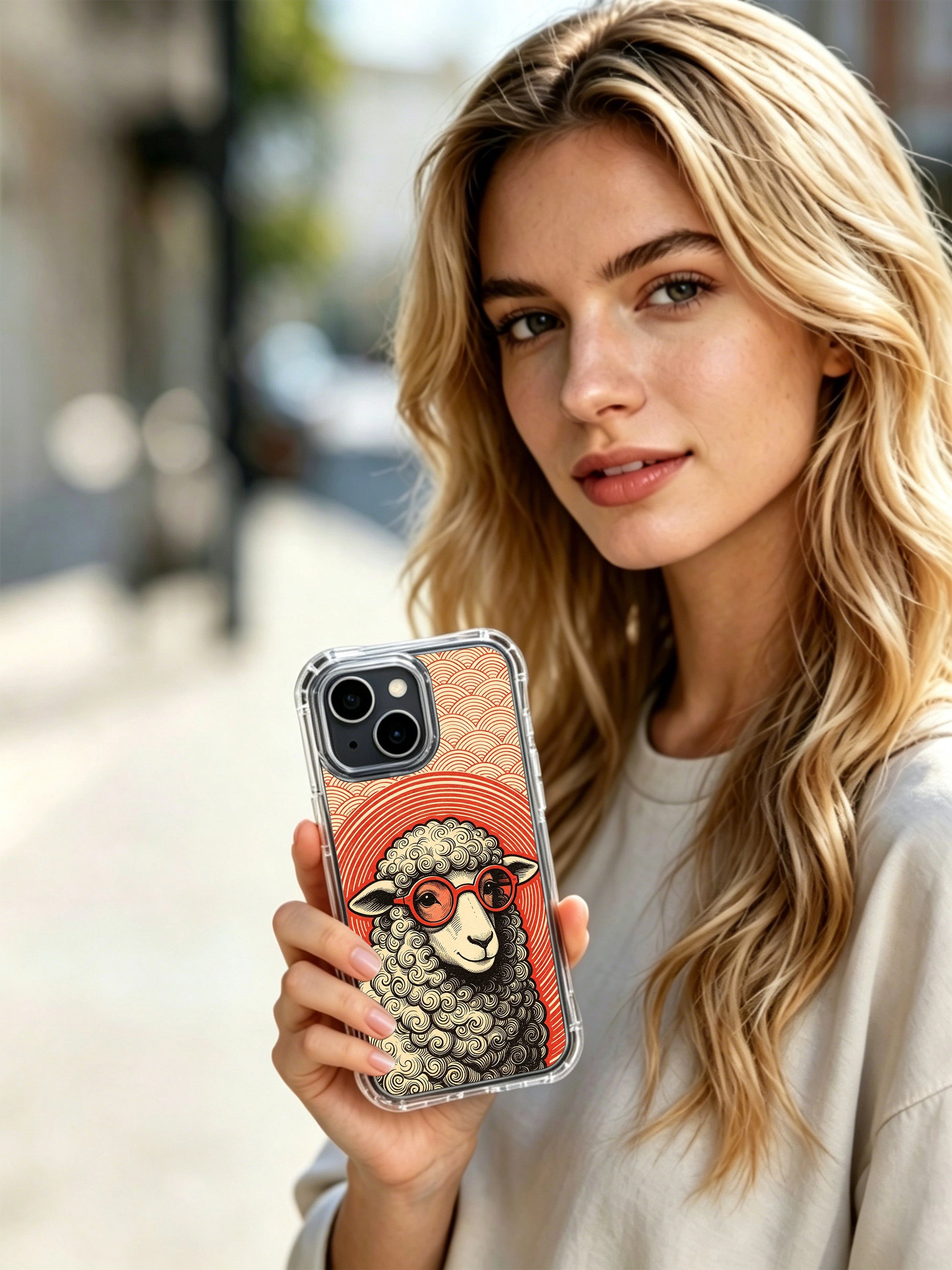 Surreal vintage gig poster animal portrait of red lens poetic sheep by Rufus Vale for PhoneCasing iPhone 13 Case, elegant art casing ideal for curated birthday gifts for art-loving ladies.