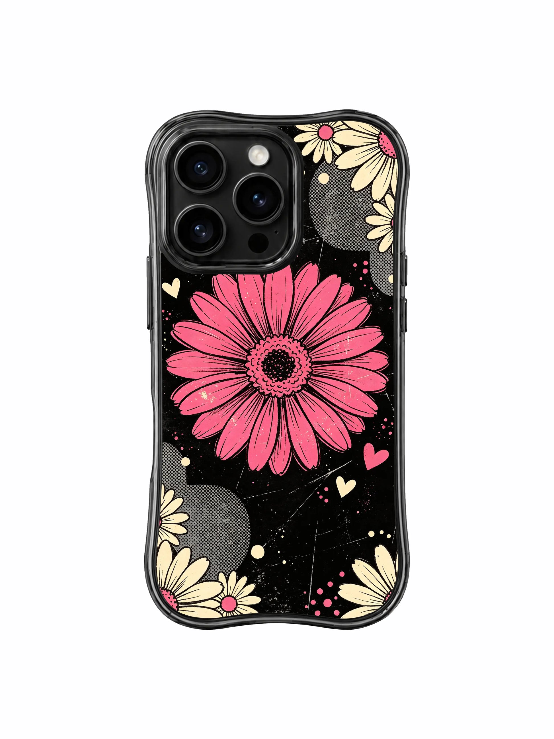 PhoneCasing iPhone 16 pro Case blending saccharine sweet charm and bold self-assurance via spotlight pink daisy collage motifs, Ruby Daze Raspberry Daisy Collage wavy design for daily street casual wear.