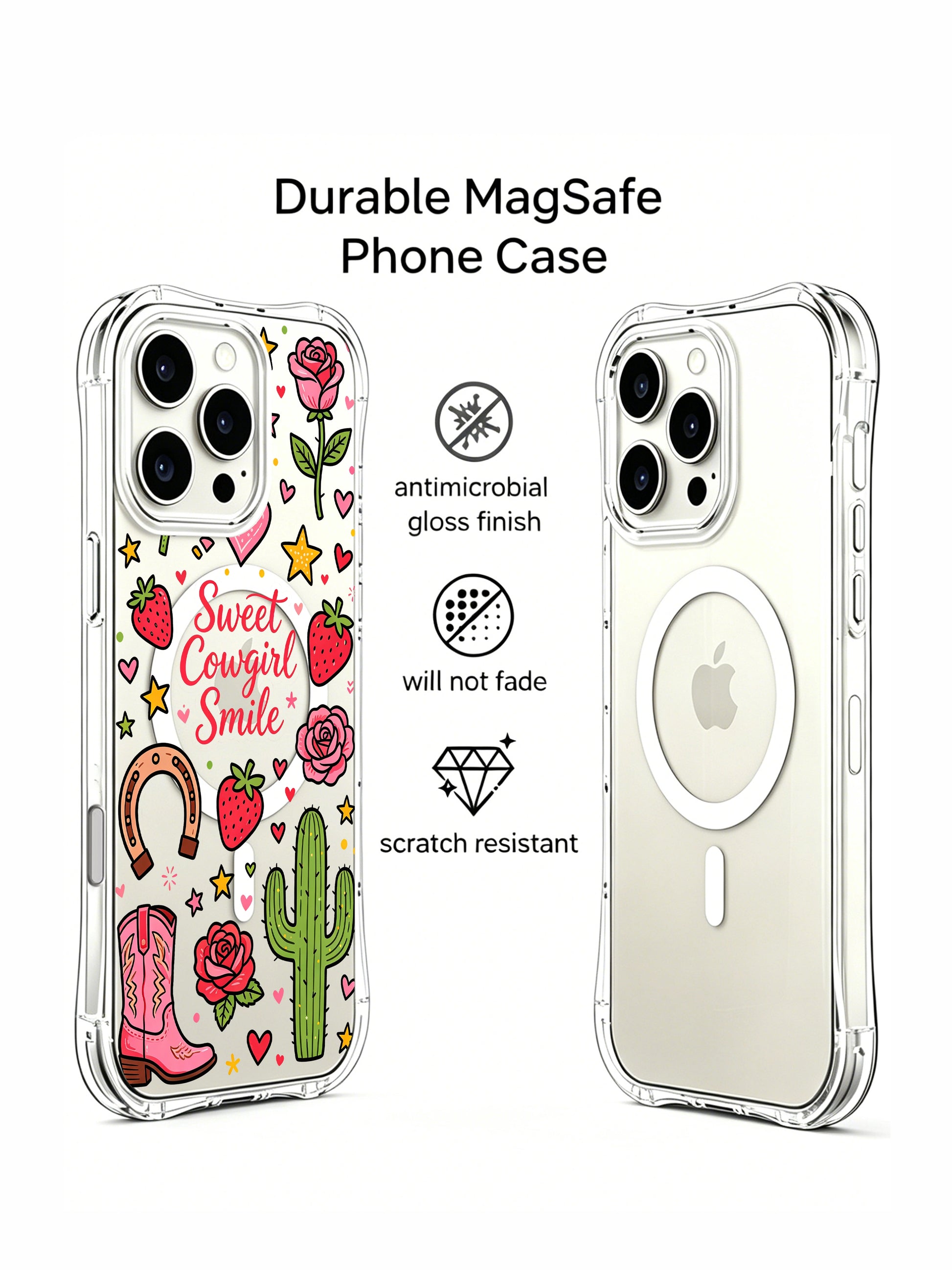 PhoneCasing iPhone 16 pro max scratch-resistant protective case with colorful cactus, roses, cowboy boots and horseshoe motifs in a playful western aesthetic.