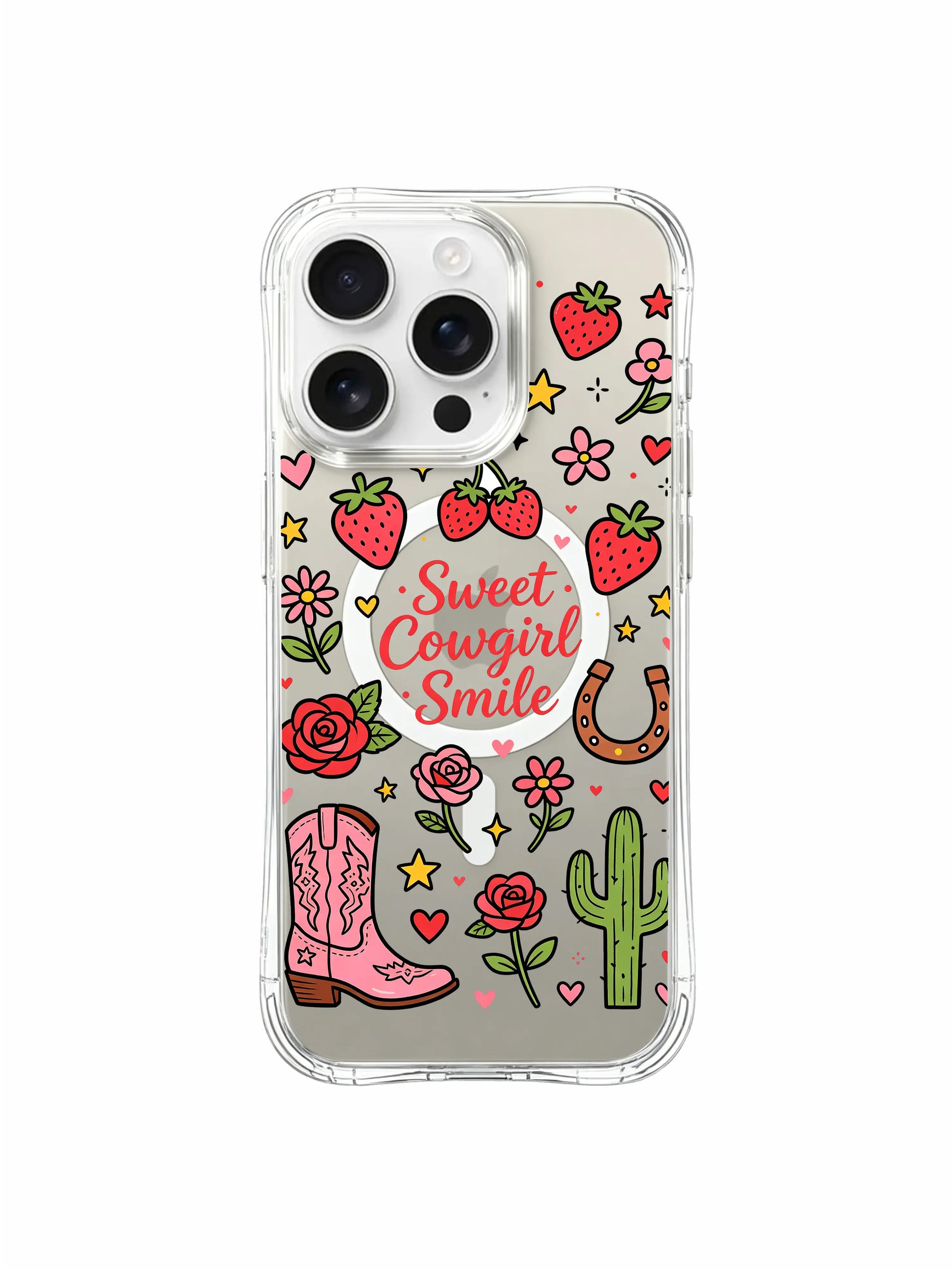 PhoneCasing iPhone 16 pro max anti-scratch clear case with cactus, strawberries, hearts and stars in a whimsical sweet cowgirl doodle collage.