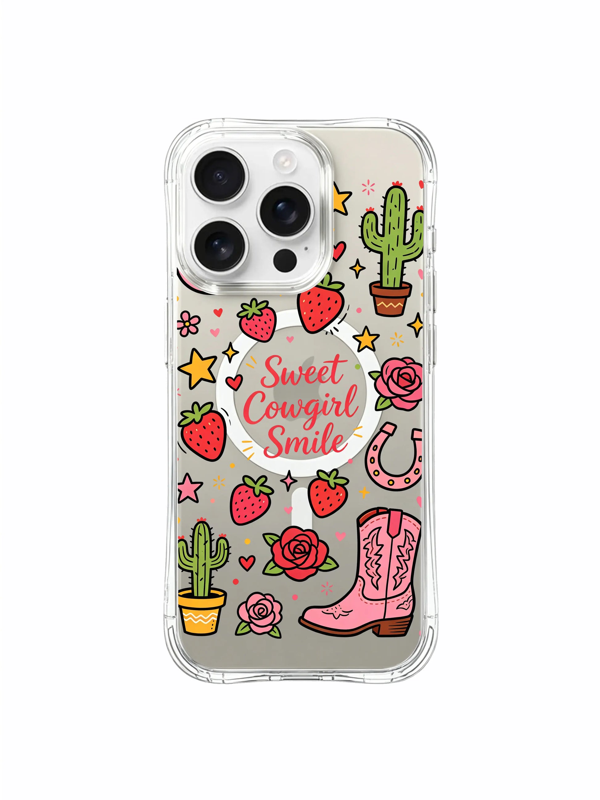 PhoneCasing iPhone 16 pro max clear MagSafe case with the Sweet Cowgirl Smile core design, featuring cowboy boots, roses and strawberries.